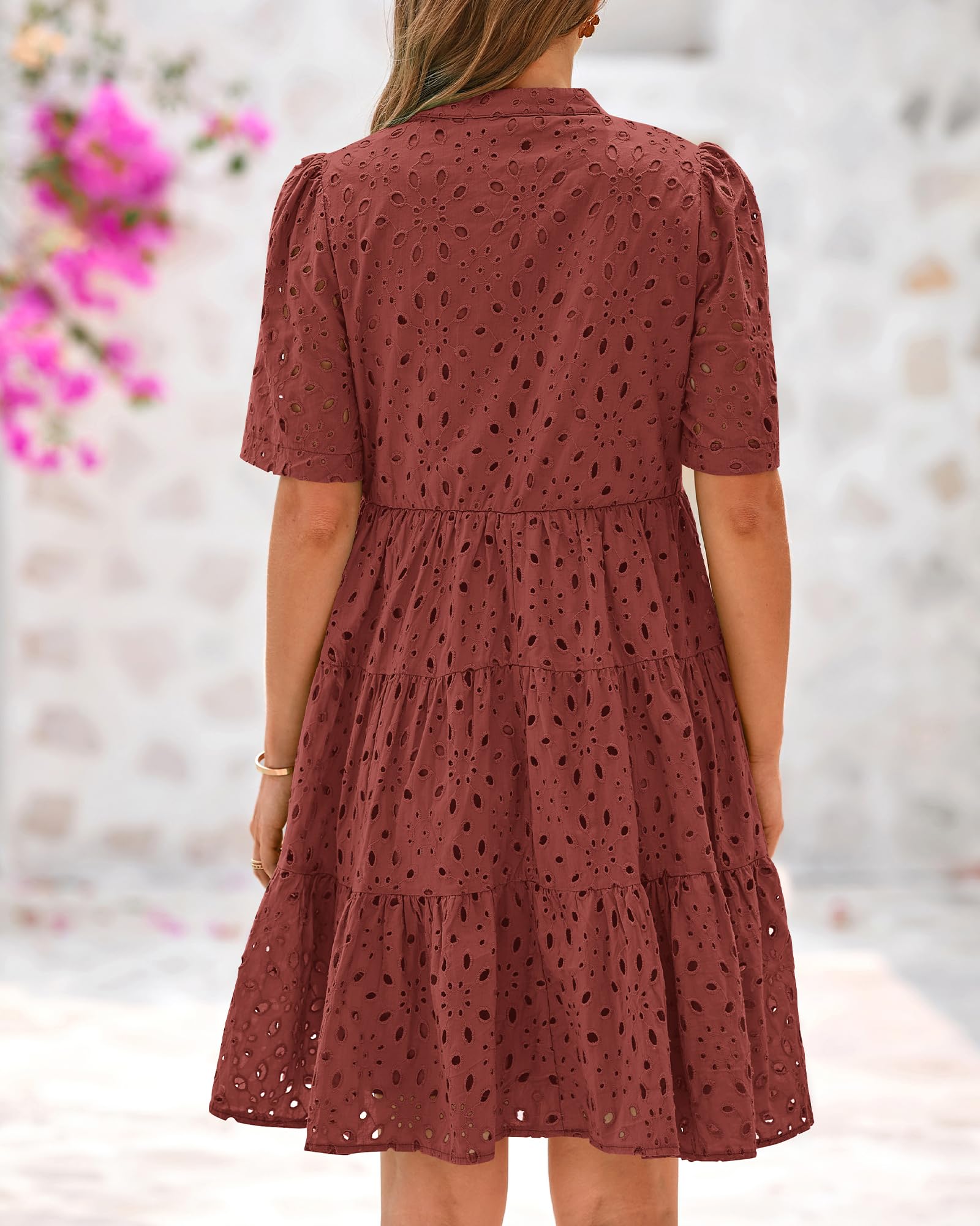 BTFBM Womens Boho Summer Dresses Spring V Neck Short Sleeve Hollow Out Lace Ruffle Casual Beach Mini Vacation Dress