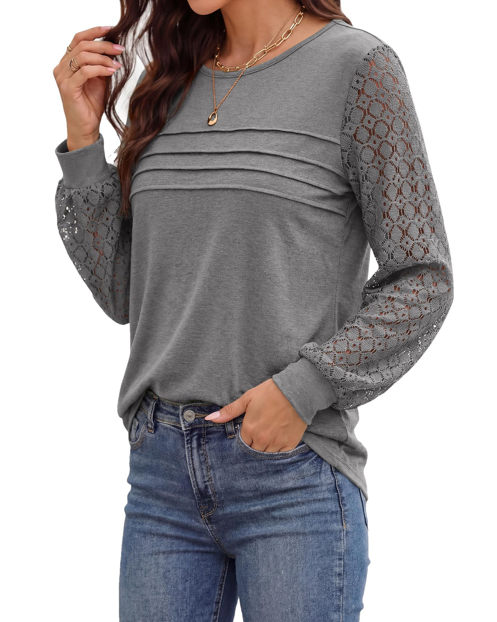 BTFBM Women's Long Sleeve Shirts Dressy Lace Fall Tops Trendy Business Casual T-Shirts Cute Work Outfits Blouses