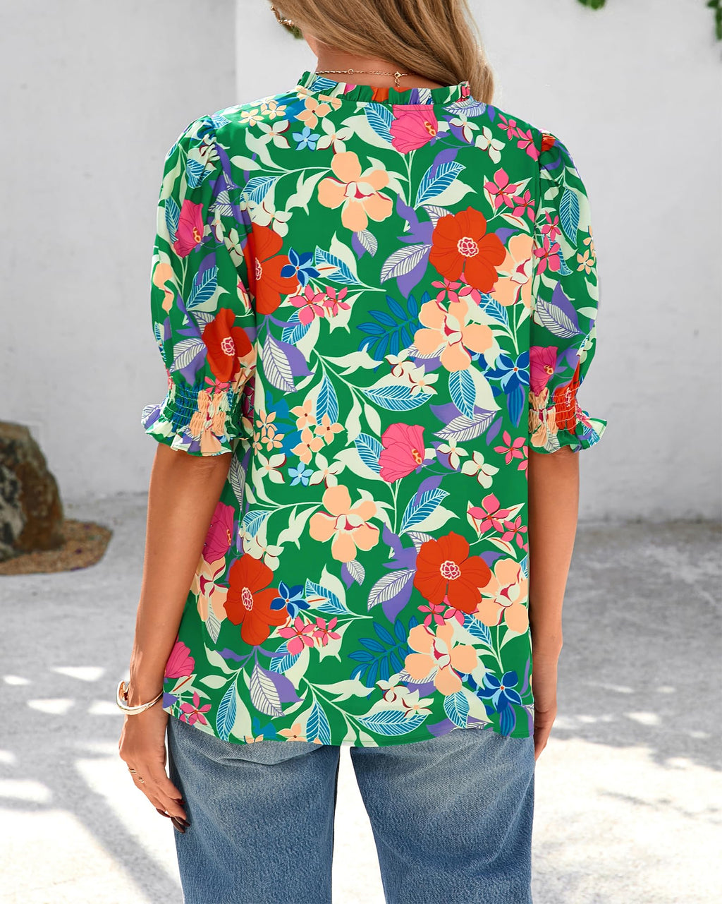 BTFBM Summer Blouses for Women Dressy Casual Fashion Spring Tops Floral Boho V Neck Puff Short Sleeve Top Shirts