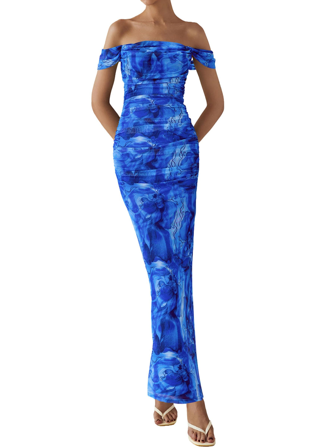 PRETTYGARDEN Cocktail Dresses for Women Summer Floral Off Shoulder Ruched Mesh Elegant Wedding Guest Maxi Dress