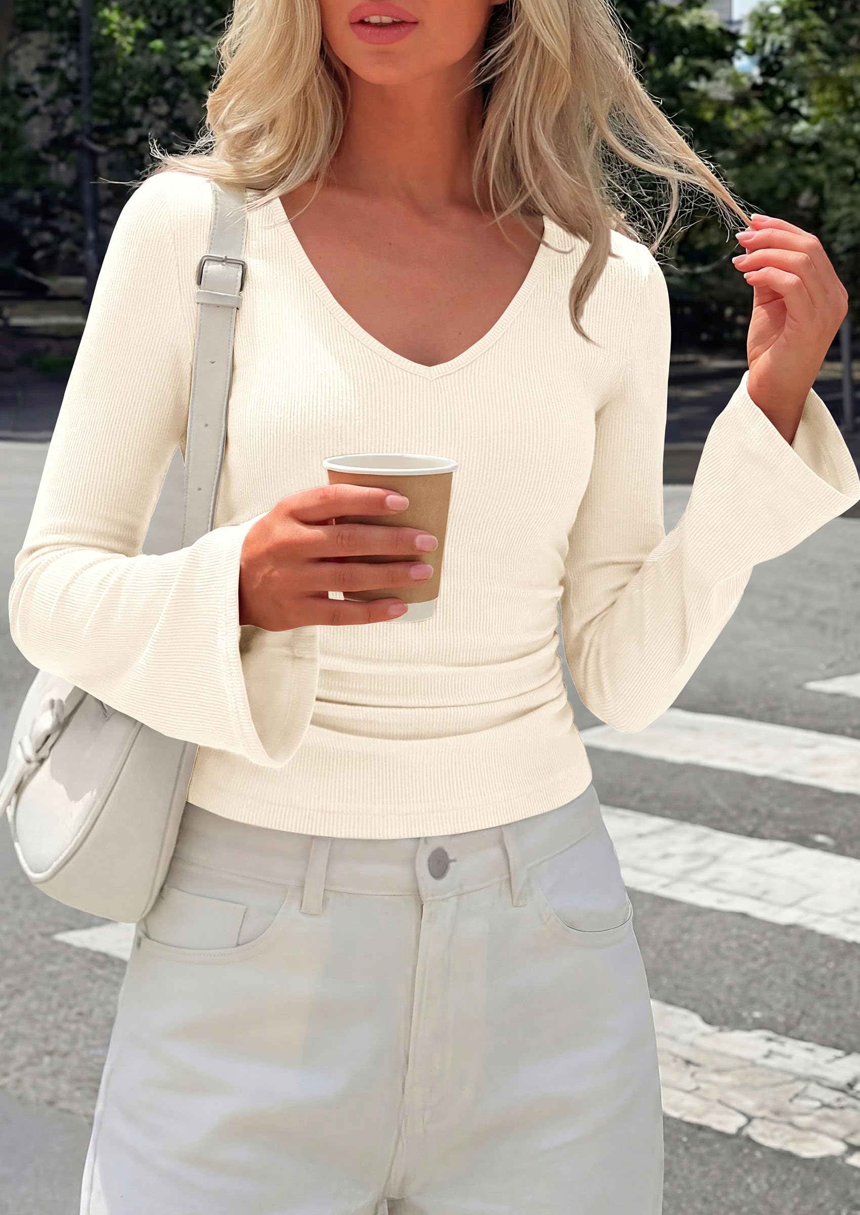 PRETTYGARDEN Women's Fall Trendy Bell Long Sleeve Tops | Soft Stretchy,Ribbed Textured,V Neck,Slim Fitted Shirts,Ruched Basic Tees,Y2K Going Out,Casual Outfits,Fashion Clothing