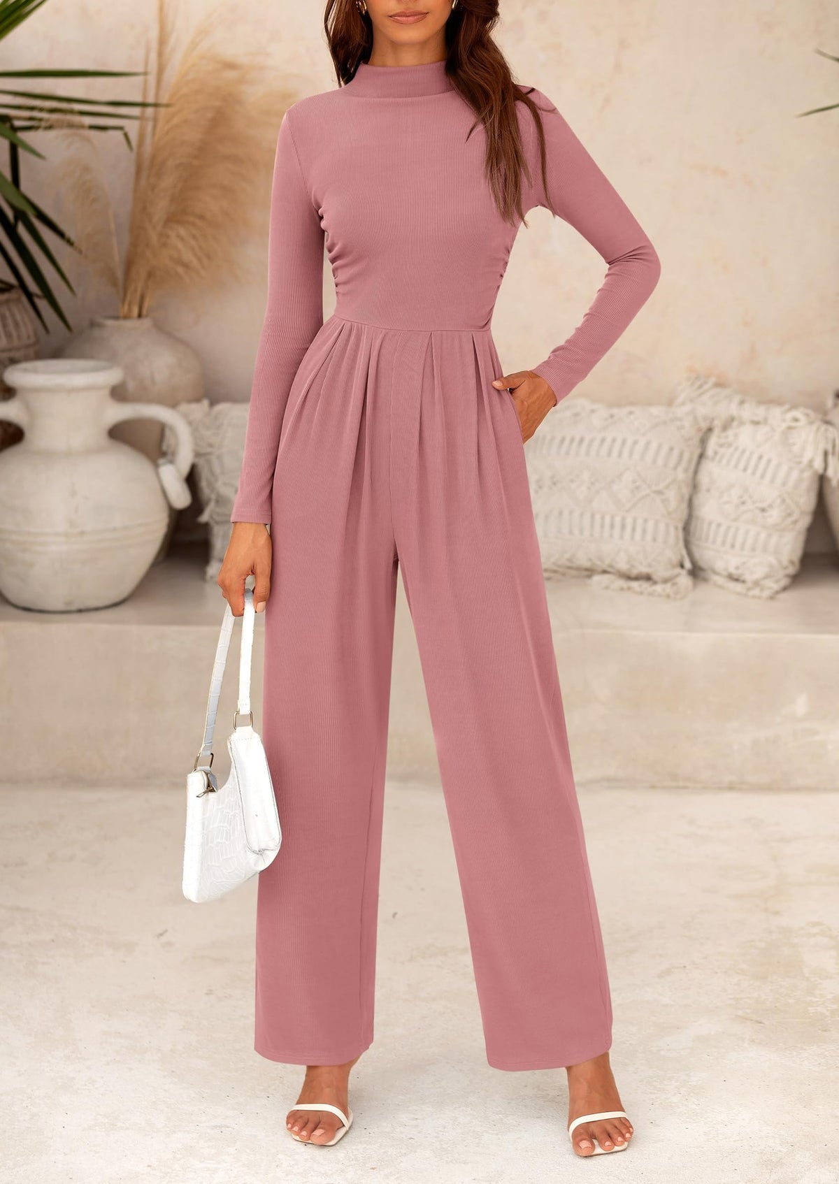 PRETTYGARDEN Womens Jumpsuit Dressy Casual Spring Fall Fashion One Piece Outfits Long Sleeve Mock Neck Wide Leg Pants Rompers