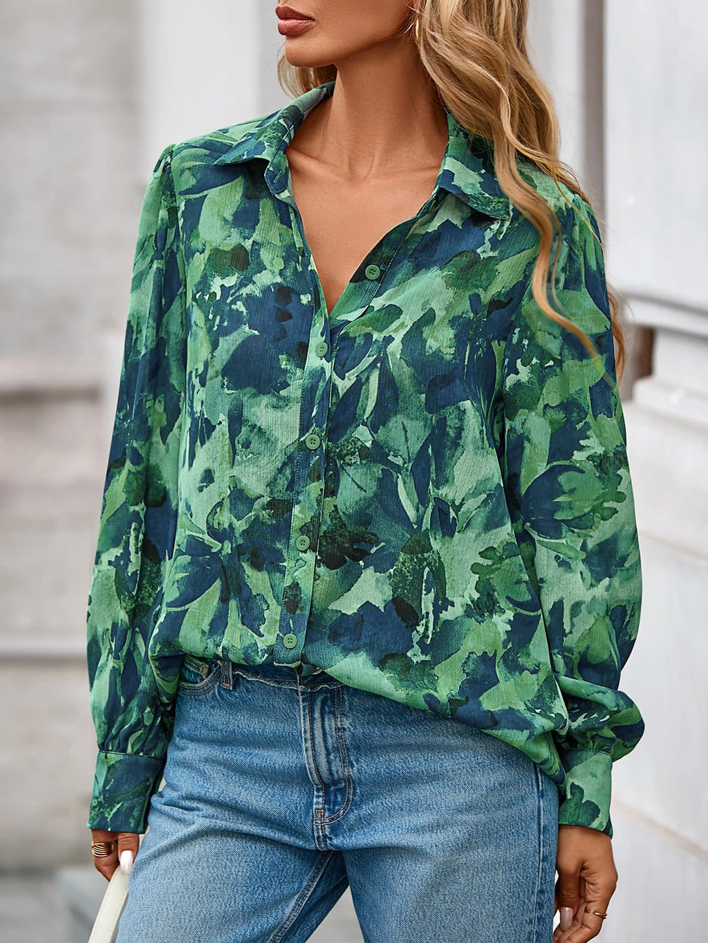 PRETTYGARDEN Women's Floral Blouses Dressy Casual V Neck Button Down Shirts Lantern Long Sleeve Boho Chiffon Spring Tops