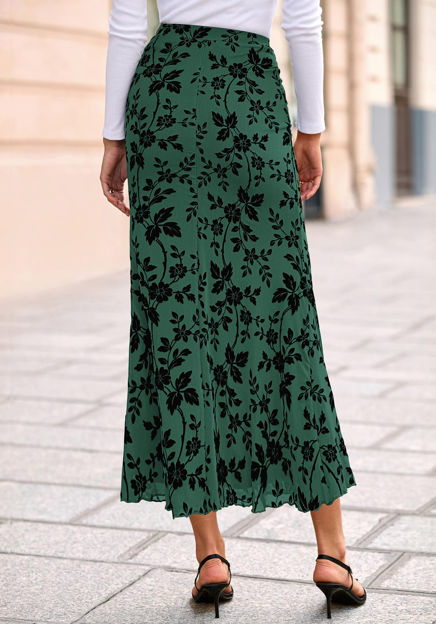 BTFBM Womens Floral Mesh Maxi Skirt Spring Summer Elastic High Waisted Boho Elegant Mermaid Long Skirts for Women