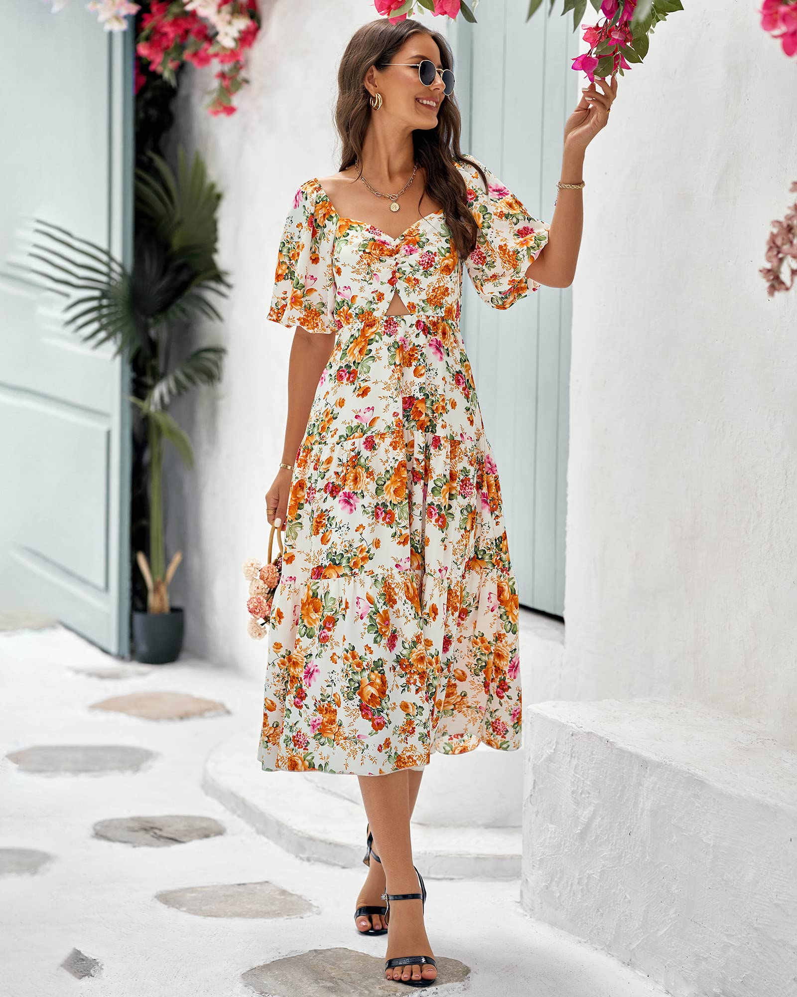 FreshPretty Women Summer Dresses Casual Flowy Beach Square Neck Puff Short Sleeve Smocked Back Boho Floral Long Maxi Dress