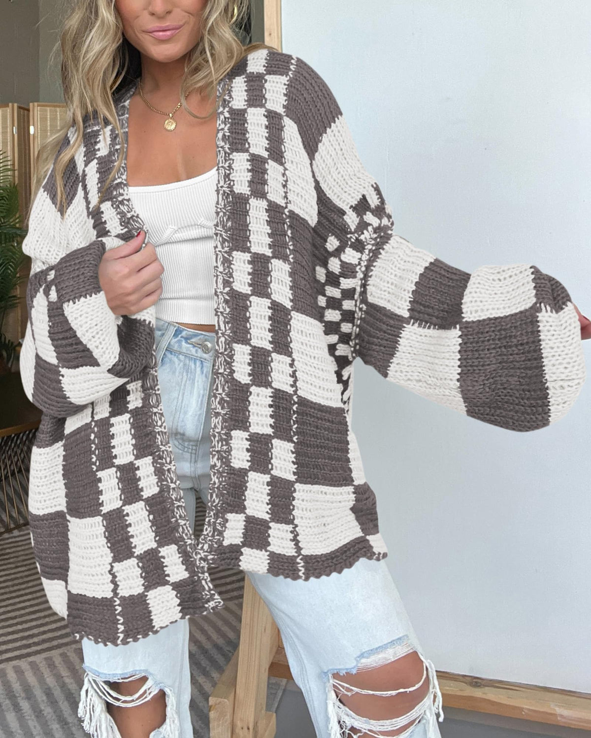 BTFBM Casual Cardigan Sweater for Women Fall Long Sleeve Sweaters Fall Outfits, Loose Fit,Solid,Open Front Chunky Knit Sweaters,Chunky Cardigan Sweaters For Women,Checkered Outwear Coat