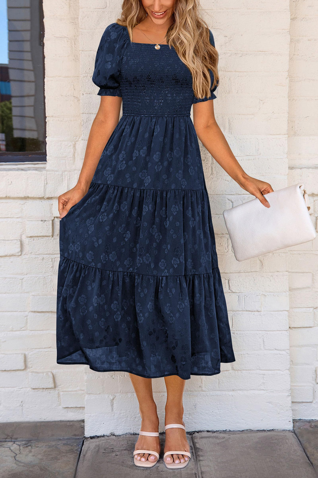 PRETTYGARDEN Women's Summer Casual Midi Dresses Square Neck Short Sleeve Smocked A Line Floral Flowy Elegant Boho Dress