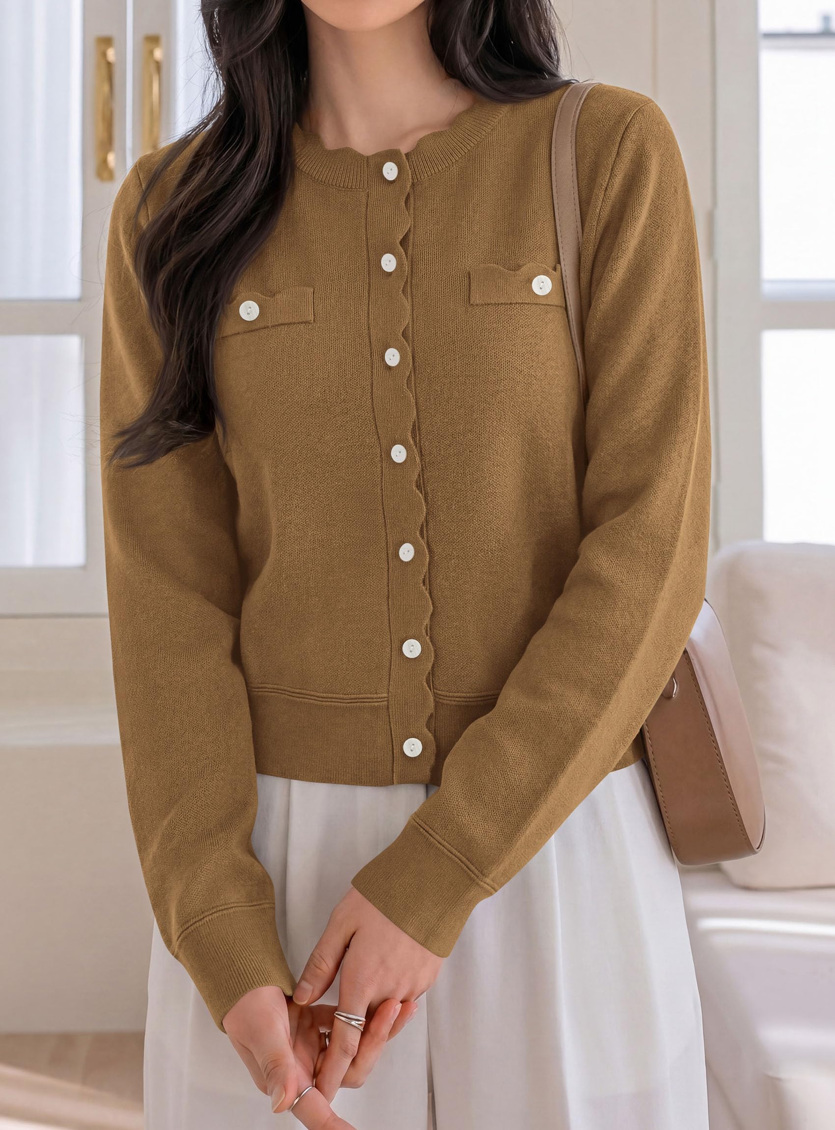 PRETTYGARDEN Cardigan Sweaters for Women Scalloped Button Up Fall Outfits Soft Knit Long Sleeve Knit Tops,Crew Neck,Business Casual Outfits,Office Work Lightweight Sweater,Layers Clothes
