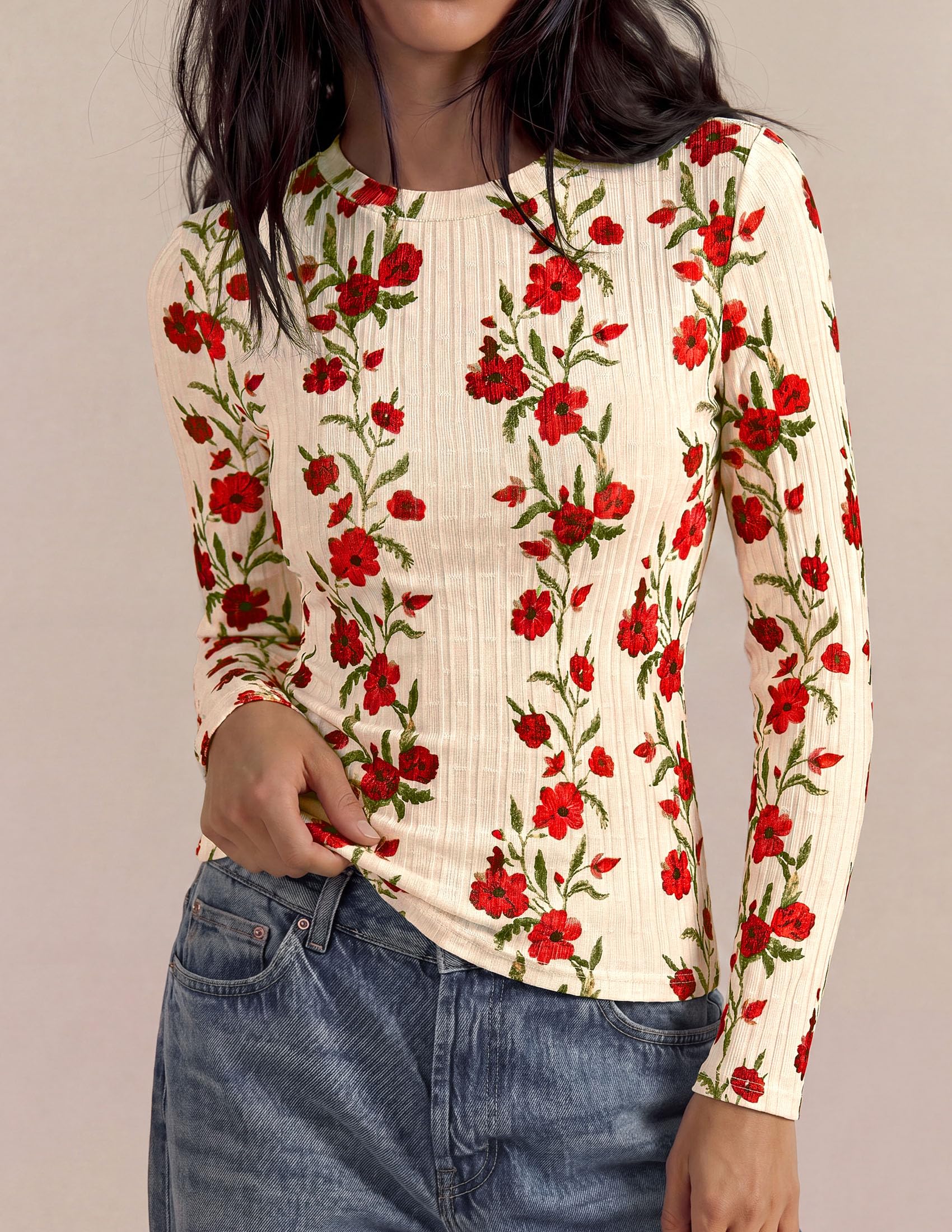 PRETTYGARDEN Womens Long Sleeve Shirts Floral Y2K Tops Soft Lightweight Ribbed Knit Top,Fitted Waist,Crew Neck Slim Fit,Going Out Vacation Outfits,Layering Fall Winter Clothes