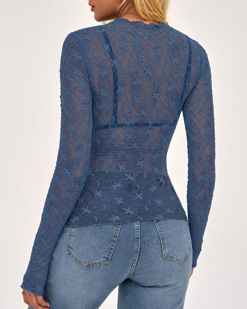 FreshPretty  Mesh Lace Tops Long Sleeve Shirts for Women Spring Fall See Through Crew Neck Slim Fitted Party Club Outfits