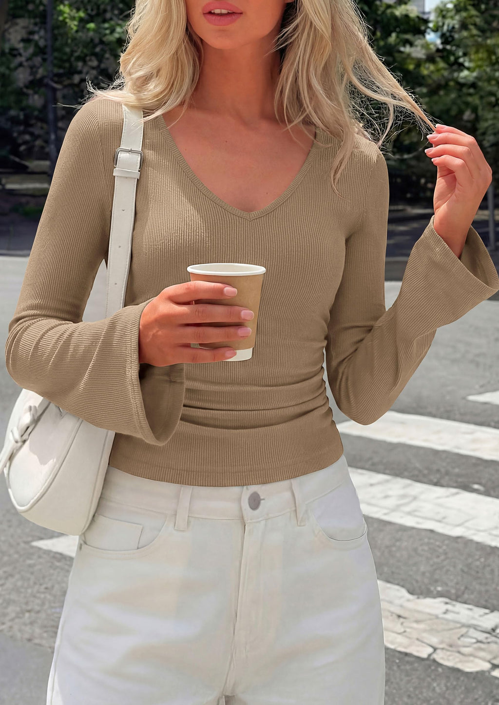 PRETTYGARDEN Women's Fall Trendy Bell Long Sleeve Tops | Soft Stretchy,Ribbed Textured,V Neck,Slim Fitted Shirts,Ruched Basic Tees,Y2K Going Out,Casual Outfits,Fashion Clothing