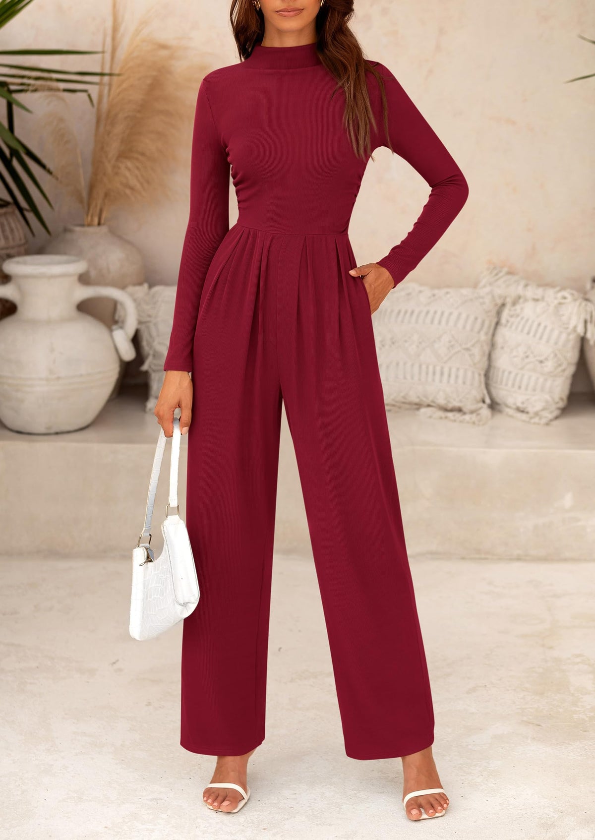 PRETTYGARDEN Womens Jumpsuit Dressy Casual Spring Fall Fashion One Piece Outfits Long Sleeve Mock Neck Wide Leg Pants Rompers