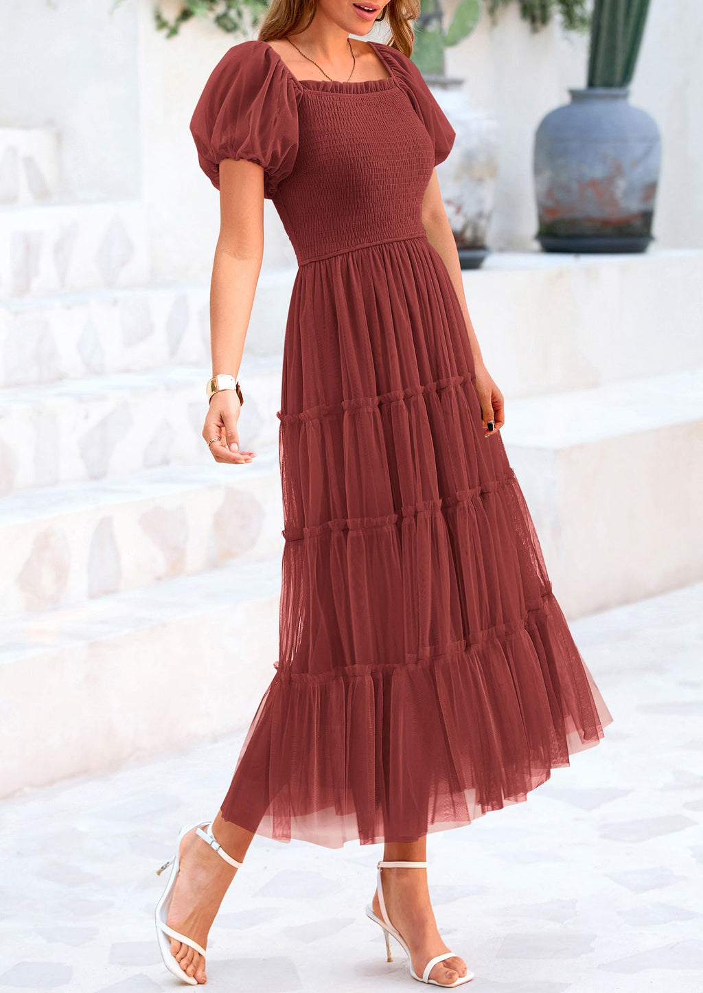 PRETTYGARDEN Women's Smocked Midi Tulle Dress  Summer Puffy Short Sleeve Square Neck Ruffle Wedding Guest Party Dresses