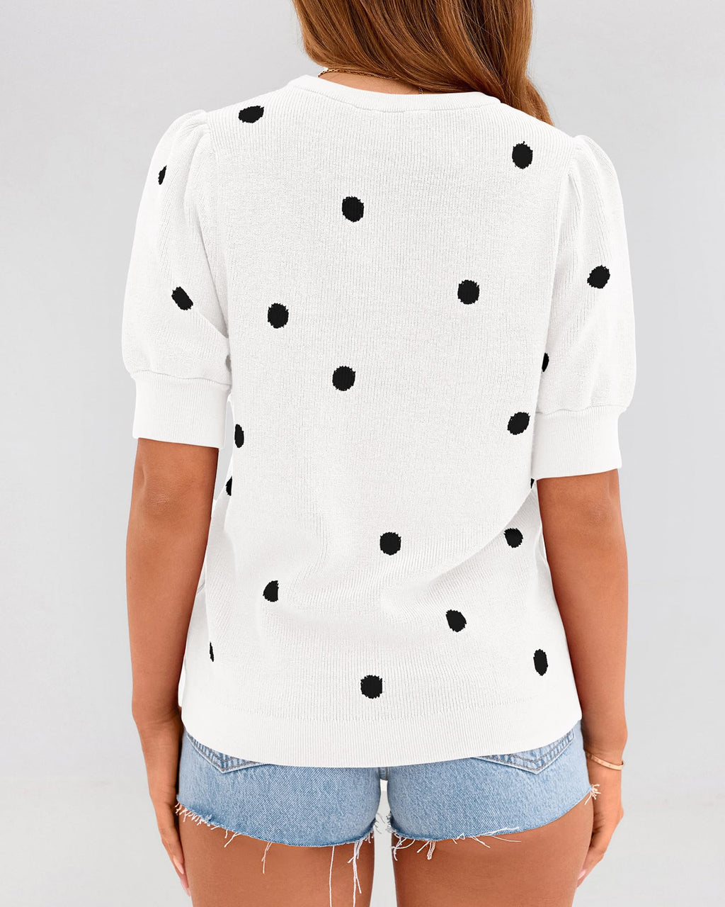 BTFBM Womens Sweaters Polka Dot Short Sleeve Sweater for Women Crew Neck Knit Summer Tops Business Dressy Casual Blouses