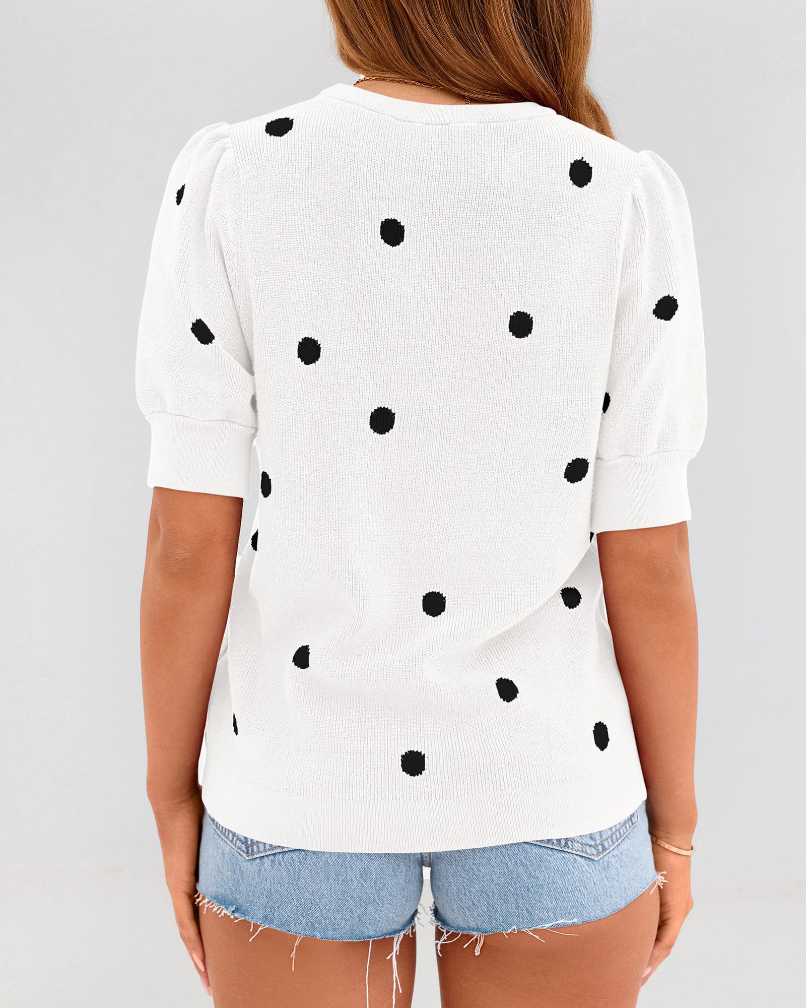 BTFBM Womens Sweaters Polka Dot Short Sleeve Sweater for Women Crew Neck Knit Summer Tops Business Dressy Casual Blouses