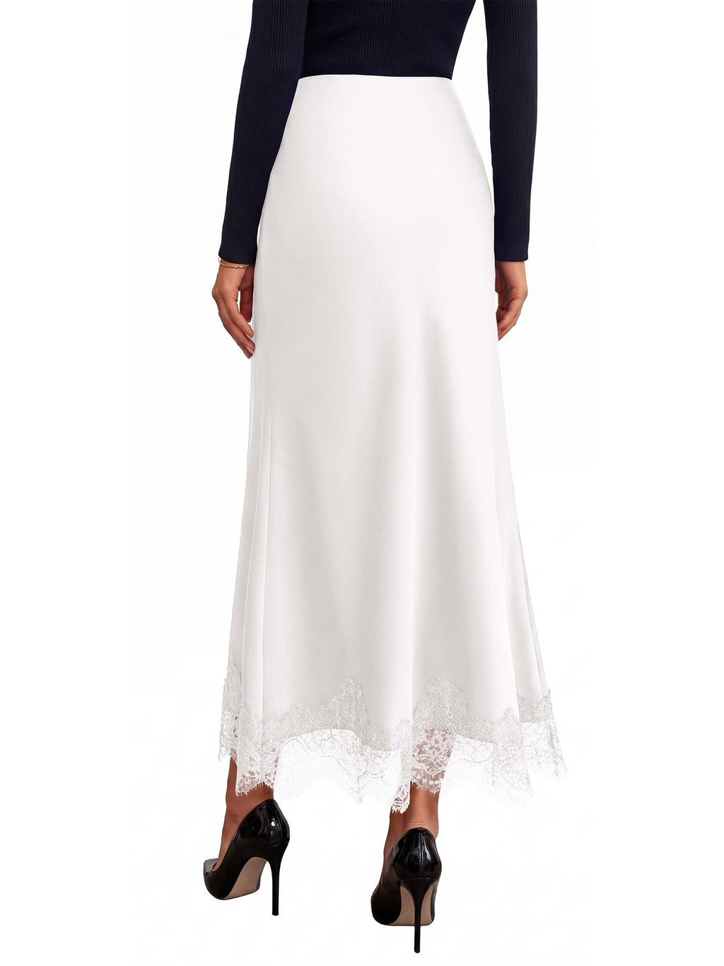 BTFBM Lace Trim Satin Skirts for Women Elegant | Lightweight, High Waist, A-Line, Flowy Maxi Skirt, Wedding, Cocktail, Graduation, Holiday Outfits, Fall Fashion Clothing