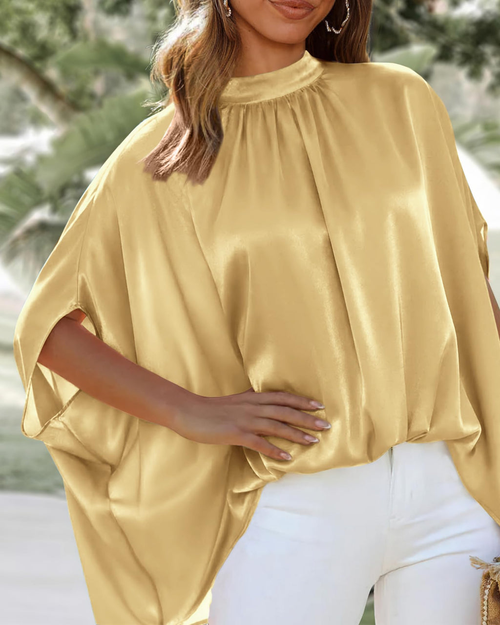 BTFBM Womens Summer Tops Mock Neck Batwing Sleeve Silk Satin Shirts Loose Oversized Dressy Casual Spring Blouses
