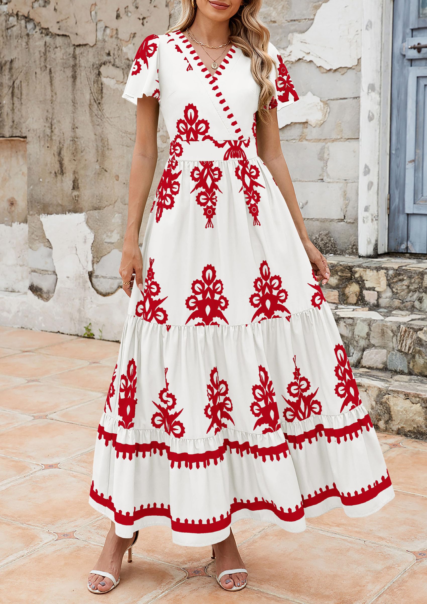 PRETTYGARDEN Womens Summer Casual V Neck Boho Maxi Dress Flowy Aline Bell Sleeve Tiered Floral Dresses with Pocket