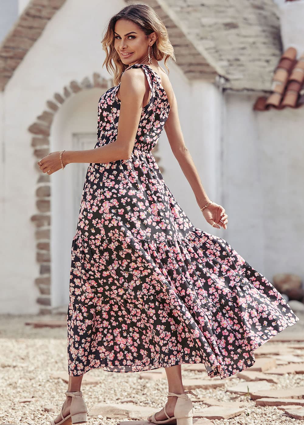 PRETTYGARDEN Women's Summer Floral One Shoulder Maxi Dress Knot Ruffle Boho Beach Vacation Wedding Guest Long Sun Dresses