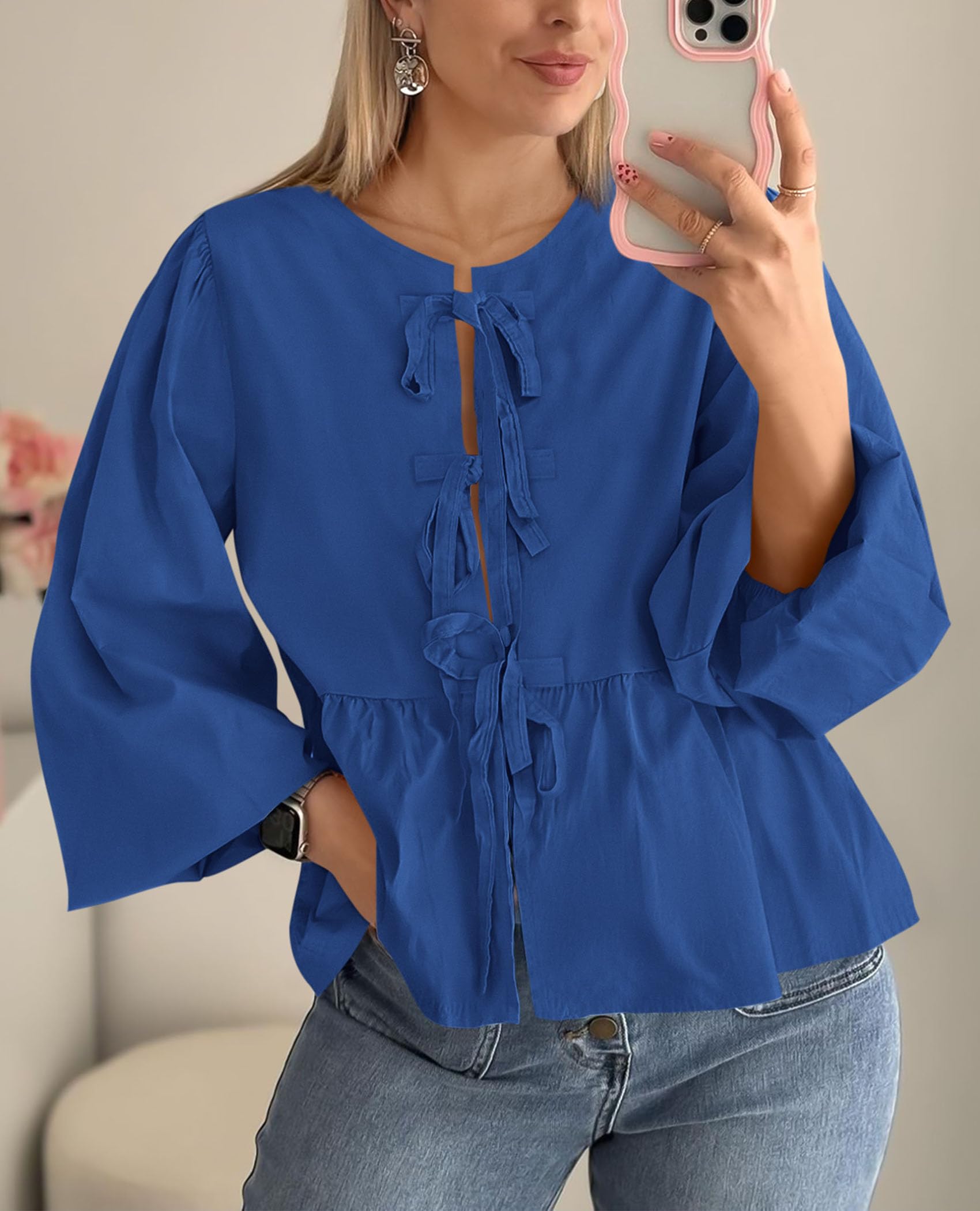 PRETTYGARDEN Women's Spring Fall Babydoll Peplum Blouse Shirt Puff Long Sleeve Bow Tie Front Trendy Cute Y2K Going Out Tops
