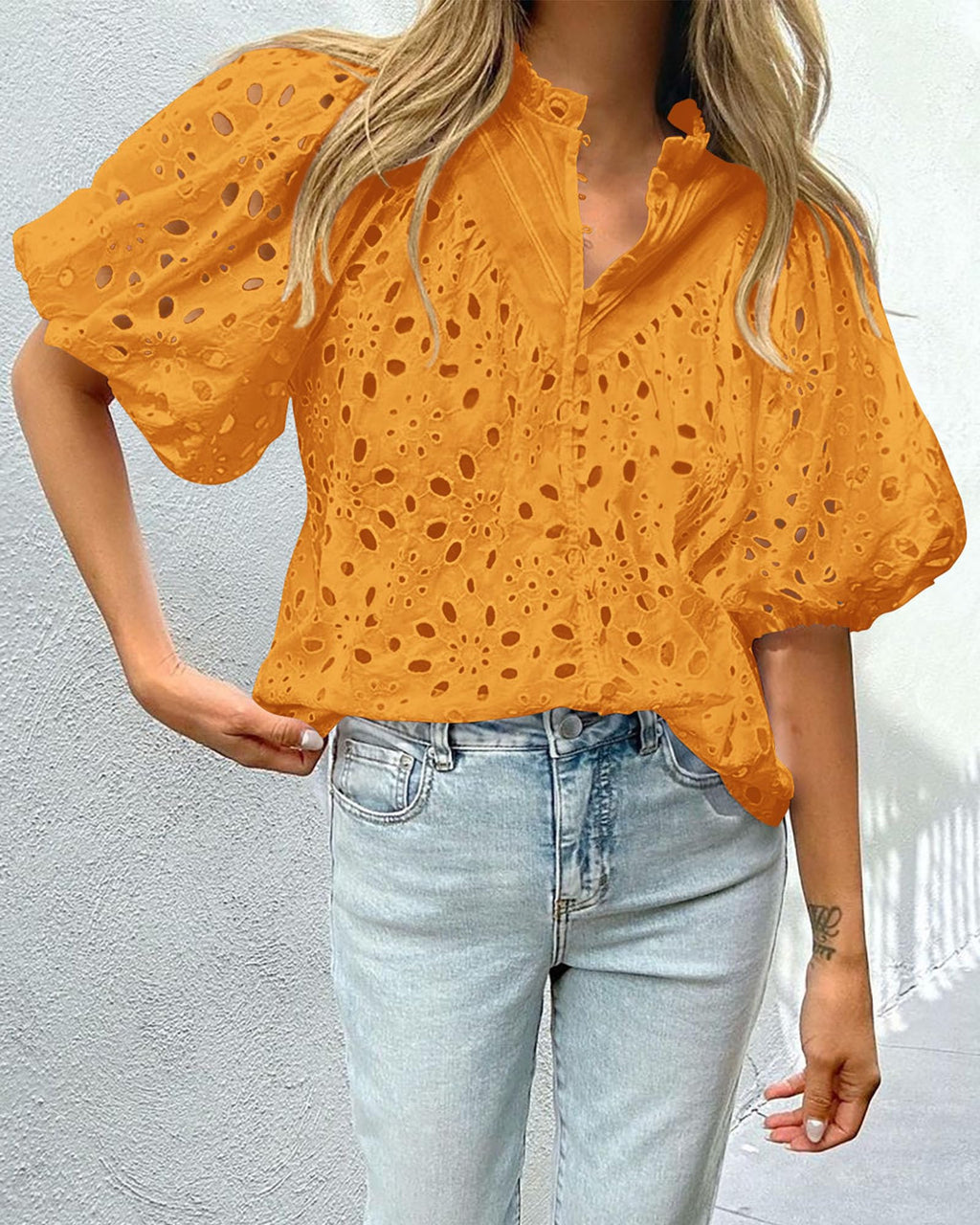 PRETTYGARDEN Women's Summer Tops Dressy Casual Short Sleeve V Neck Buttons Hollow Out Lace Embroidered Blouses Shirts