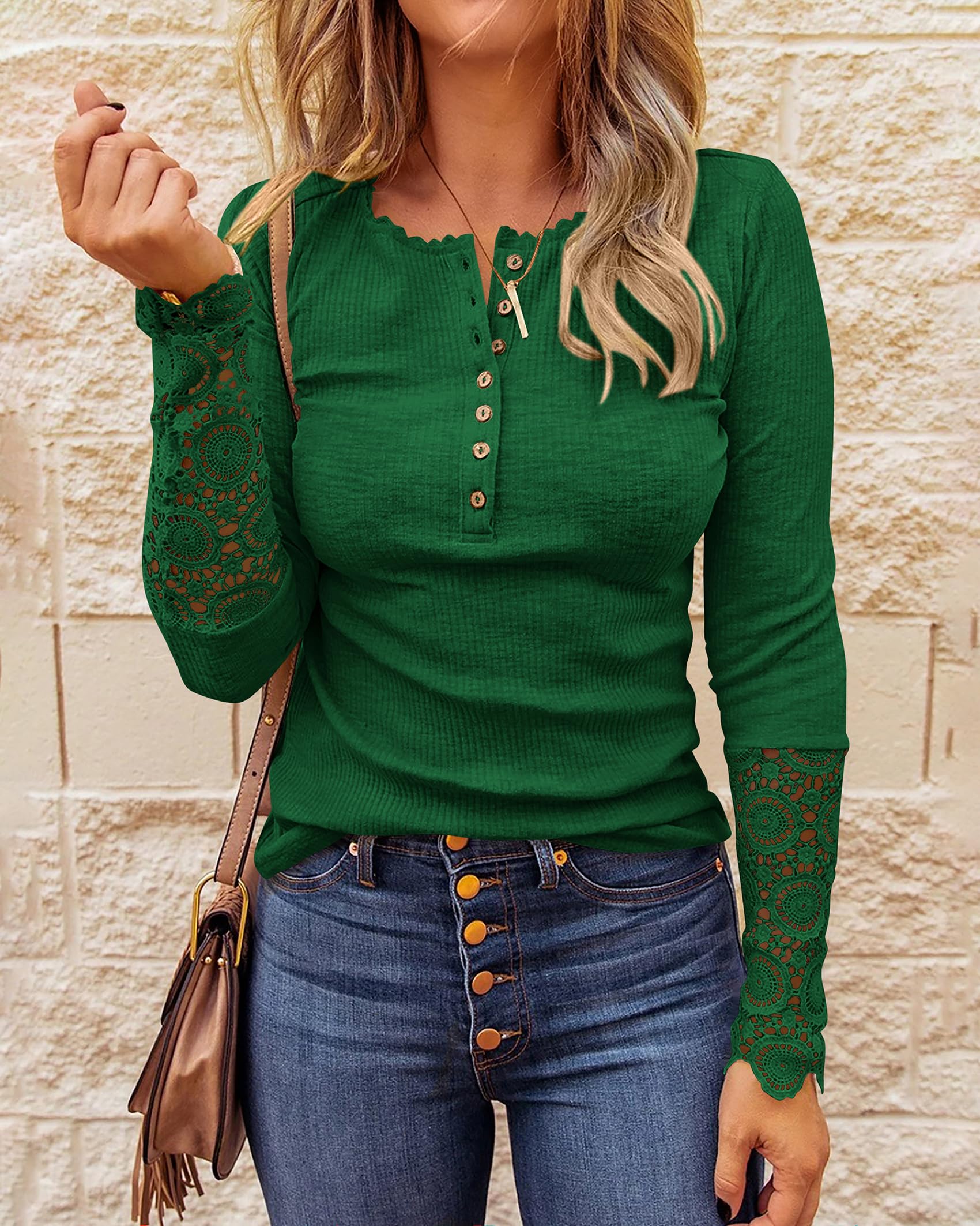 FreshPretty Women Long Sleeve Shirts Spring Solid Button Up V Neck Lace Long Sleeves Slim Fit Knit Casual Fall T-Shirts