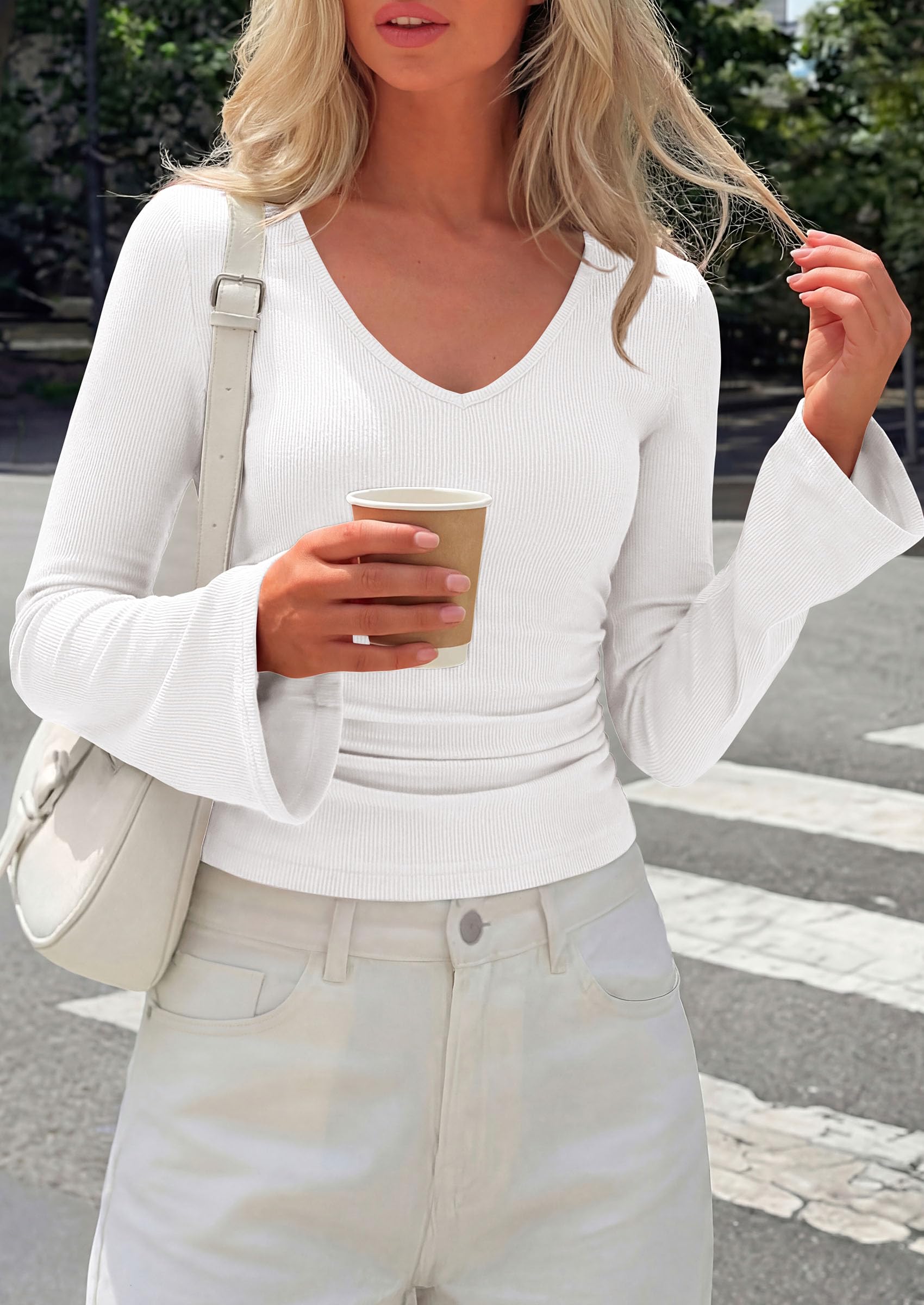 PRETTYGARDEN Women's Fall Trendy Bell Long Sleeve Tops | Soft Stretchy,Ribbed Textured,V Neck,Slim Fitted Shirts,Ruched Basic Tees,Y2K Going Out,Casual Outfits,Fashion Clothing