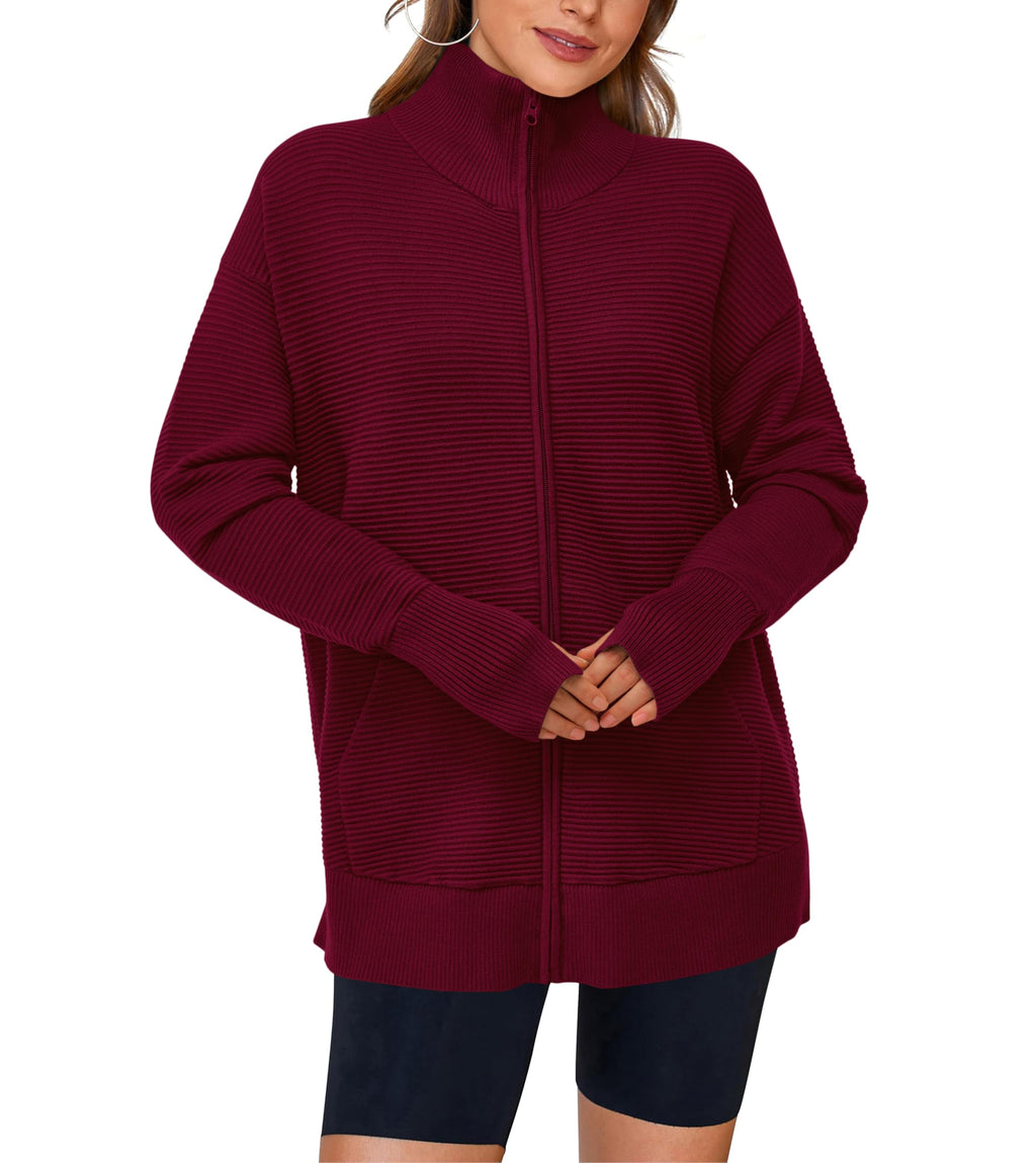 PRETTYGARDEN Womens Fall Long Sleeve Zip Up Cardigan Sweaters Casual Loose Collared Ribbed Knit Tops Jackets Thumb Hole