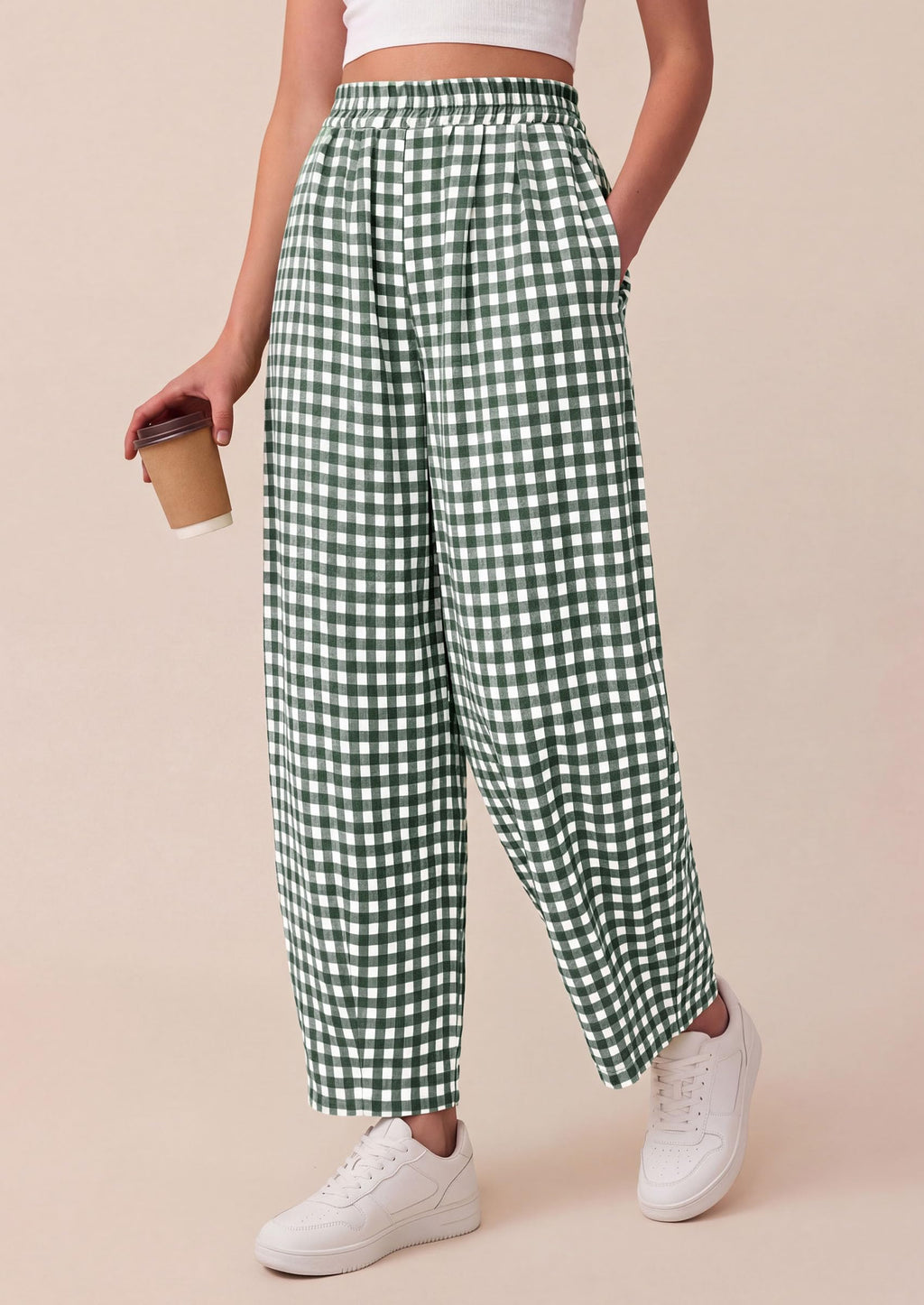 PRETTYGARDEN Plaid Barrel Pants Women Summer Casual Loose Wide Leg Lounge Gingham Trousers Spring Fashion Beach Bottoms