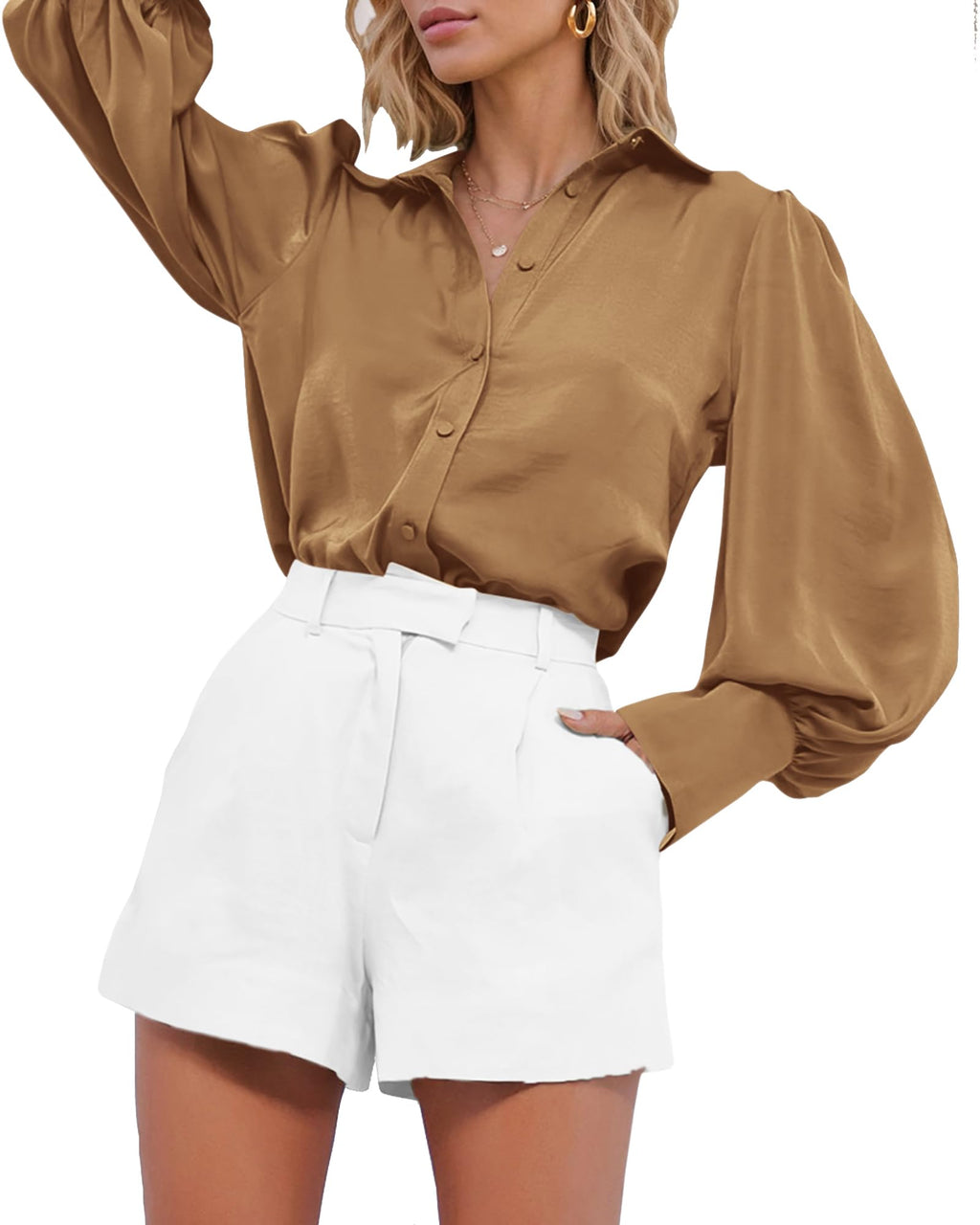 BTFBM Women Satin Blouses Summer Fall Clothes Button Down Lantern Long Sleeve Shirts Work Business Casual Dressy Tops