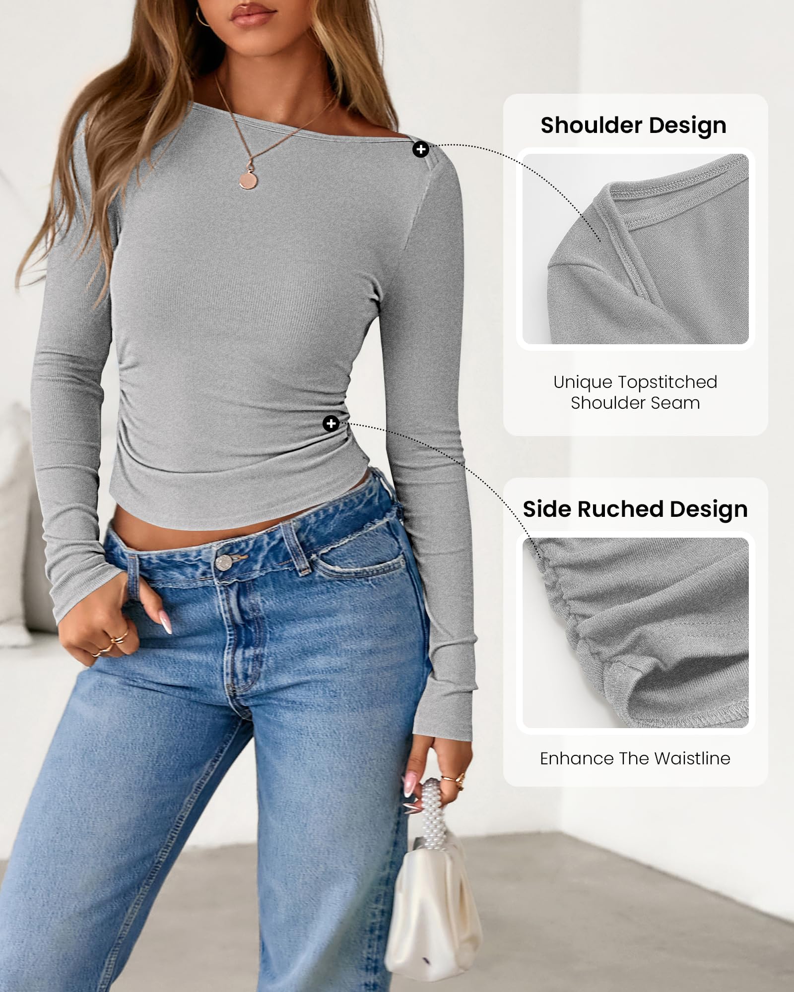 FreshPretty Womens Long Sleeve Tops Fall Fashion Ribbed Slim Fit Y2K Boat Neck T Shirts Casual Going Out Workout Outfits