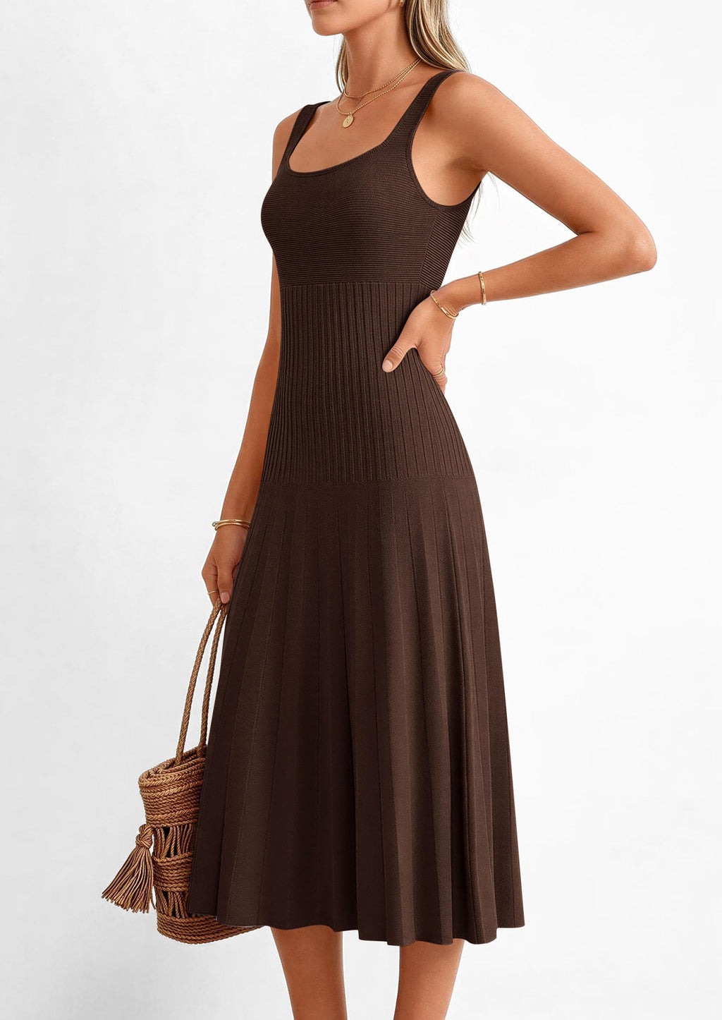 PRETTYGARDEN Spring Dresses for Women Summer Casual Sleeveless Square Neck A Line Knit Pleated Midi Cocktail Party Dress