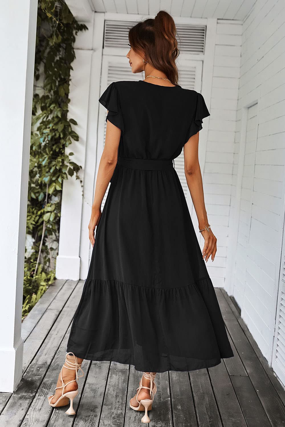 PRETTYGARDEN Women's Summer Floral Boho Maxi Dress Wrap Short Sleeve V Neck Ruffle A-Line Flowy Wedding Guest Long Dresses