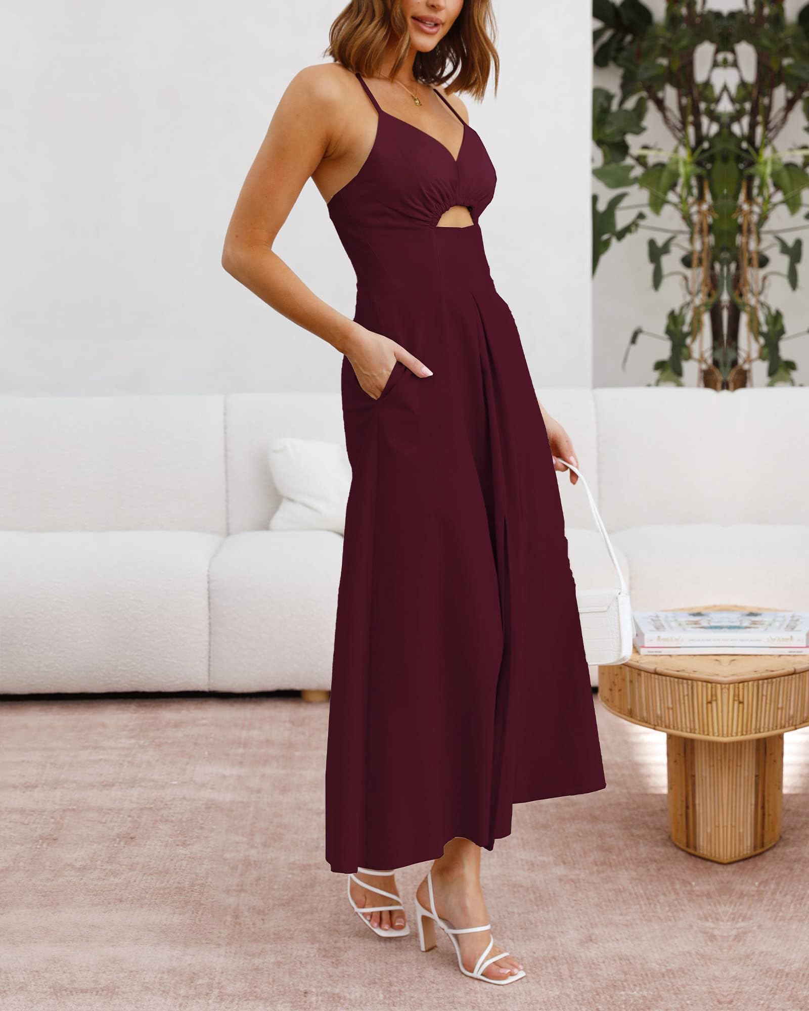 FreshPretty Women Summer Spaghetti Strap Midi Dress Sleeveless V Neck Cutout Slit Casual Beach Party Maxi Dresses Pockets