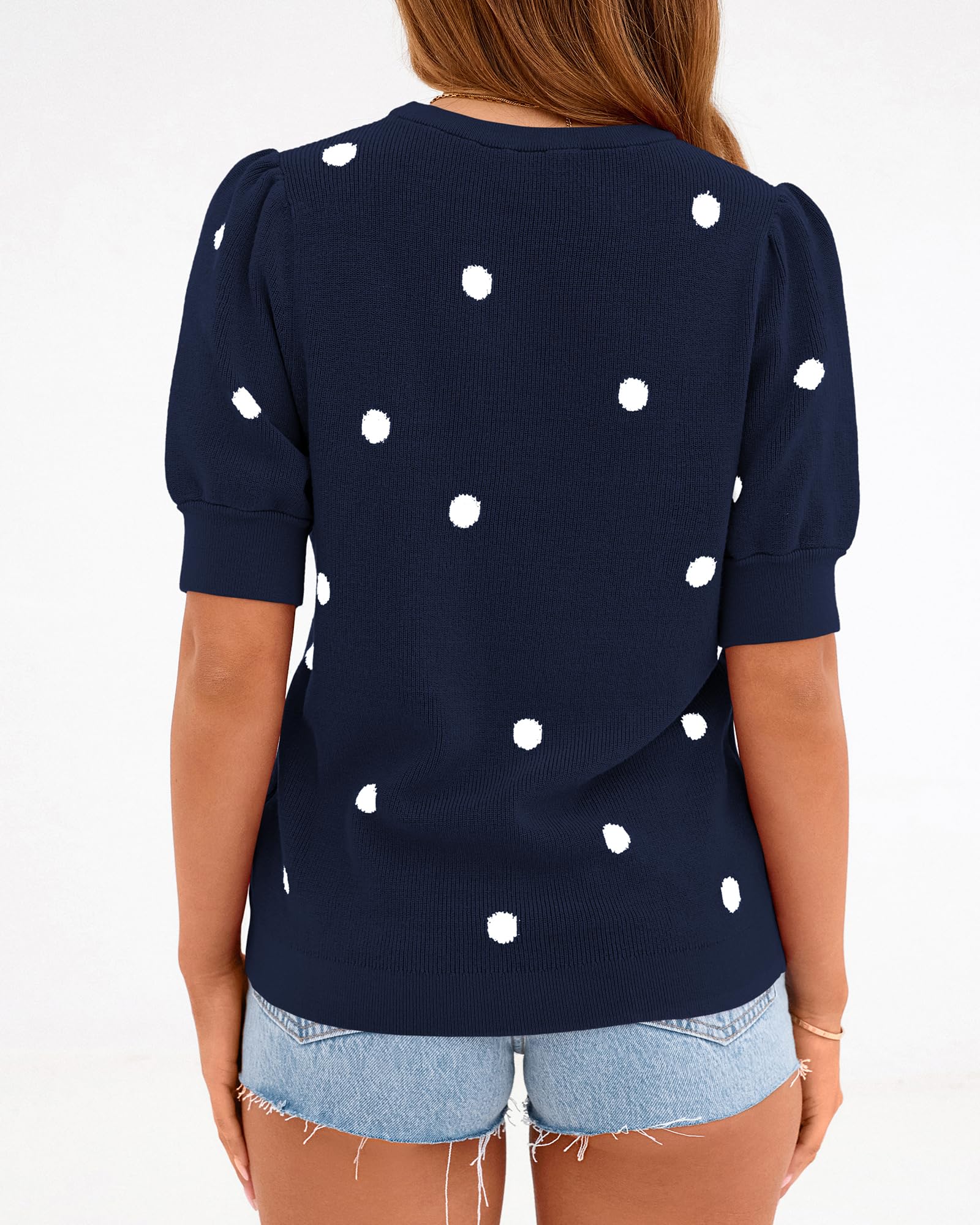 BTFBM Womens Sweaters Polka Dot Short Sleeve Sweater for Women Crew Neck Knit Summer Tops Business Dressy Casual Blouses