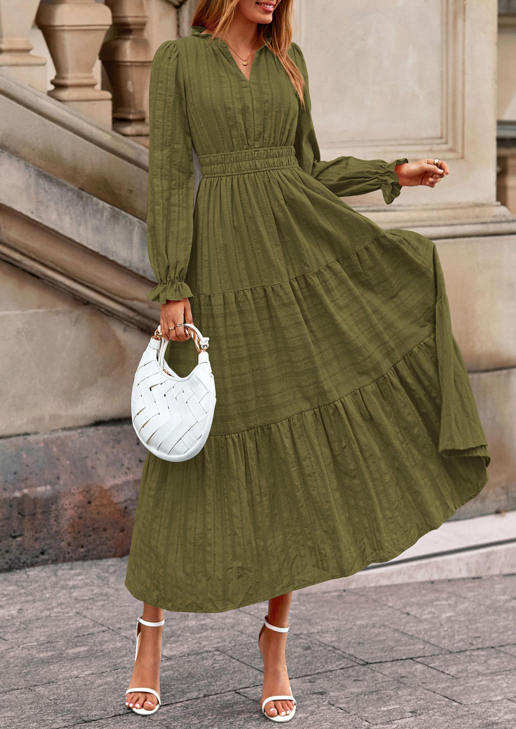 PRETTYGARDEN Women's Fall Wedding Guest Dresses Long Sleeve V Neck Flowy Elegant Holiday Party Maxi Dress with Pockets