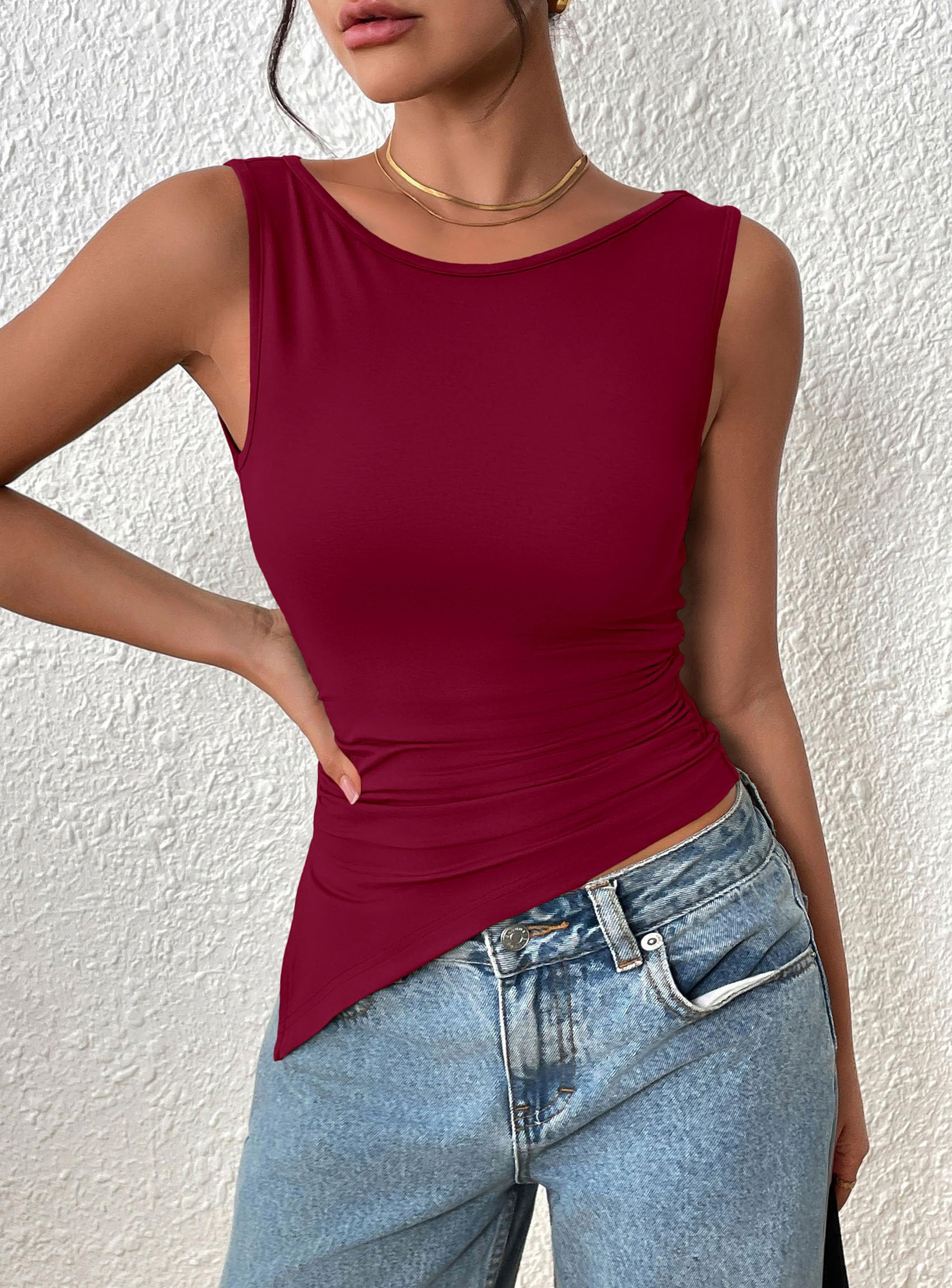 PRETTYGARDEN Womens Ruched Tank Tops  Summer Sleeveless Slim Fit T Shirts Blouses Going Out Y2K Fashion Clothes