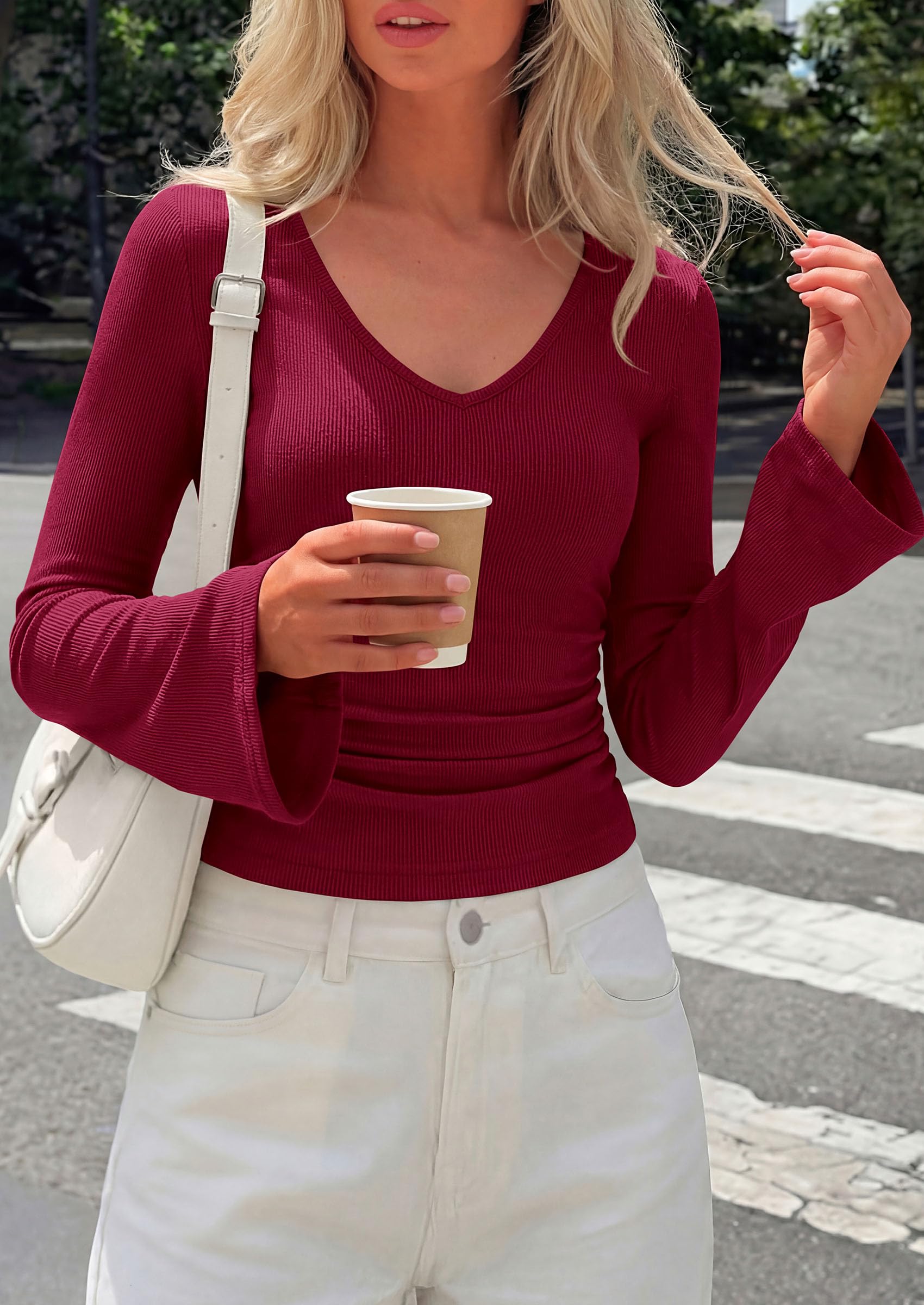 PRETTYGARDEN Women's Fall Trendy Bell Long Sleeve Tops | Soft Stretchy,Ribbed Textured,V Neck,Slim Fitted Shirts,Ruched Basic Tees,Y2K Going Out,Casual Outfits,Fashion Clothing