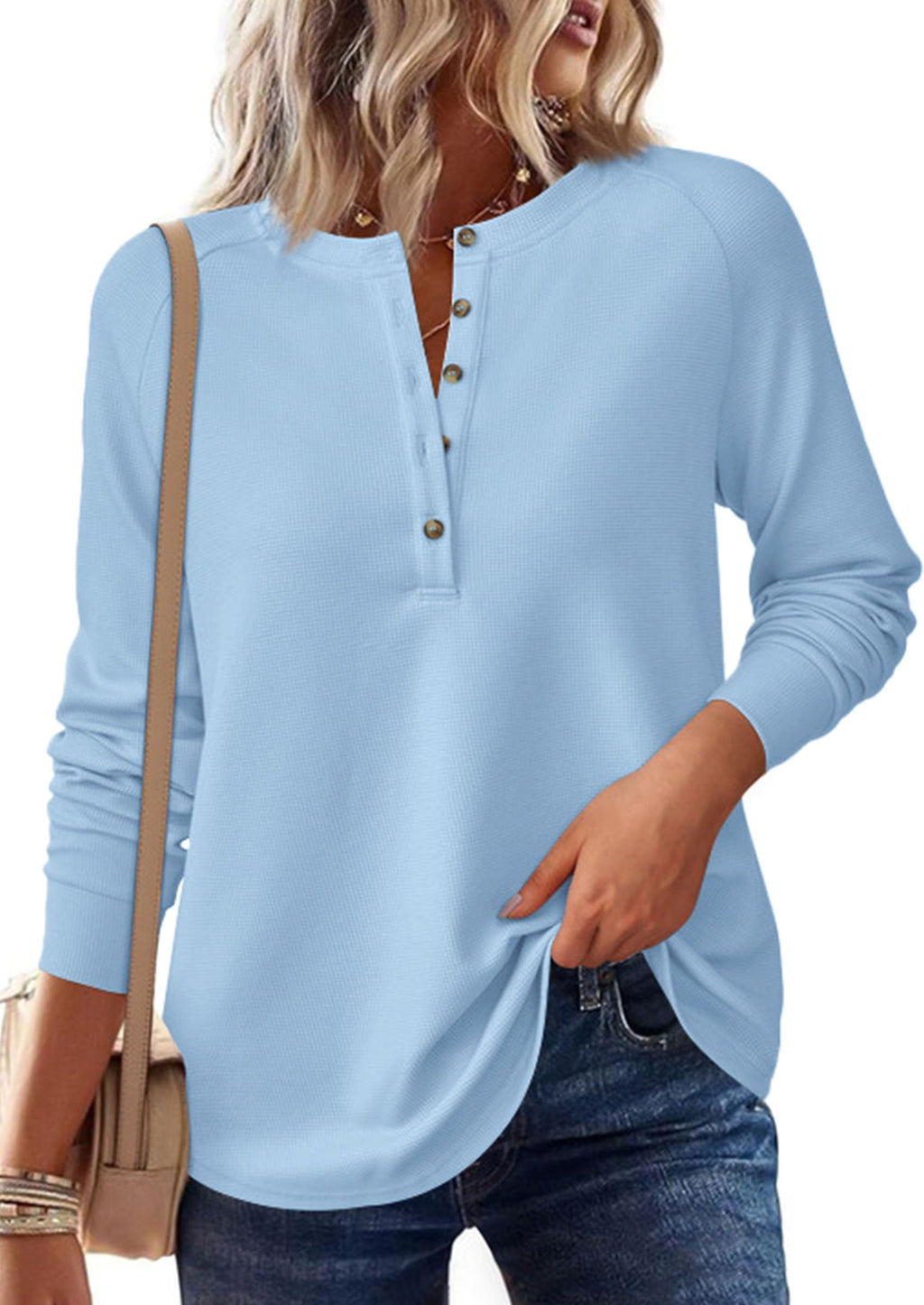 PRETTYGARDEN Women's Long Sleeve Waffle Knit Shirts Fall Casual Button Up Henley V Neck Tunic Tops Loose Fit Basic Tees