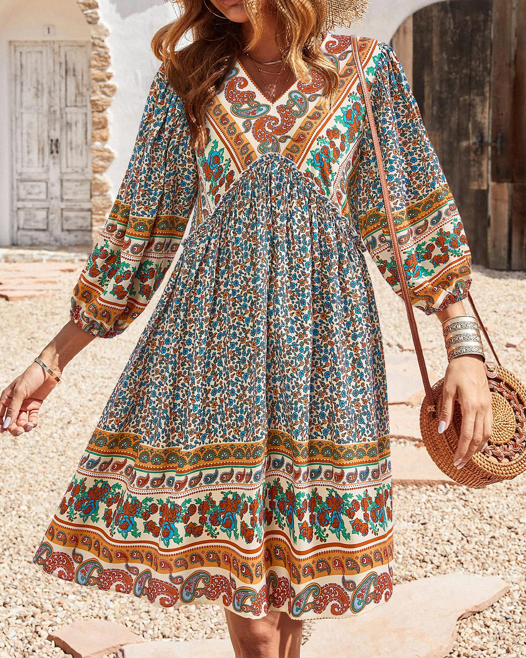 BTFBM Women Casual Spring Summer Dresses V Neck 3/4 Long Sleeve Ruffle Floral Flowy Boho Babydoll Mini Short Beach Dress