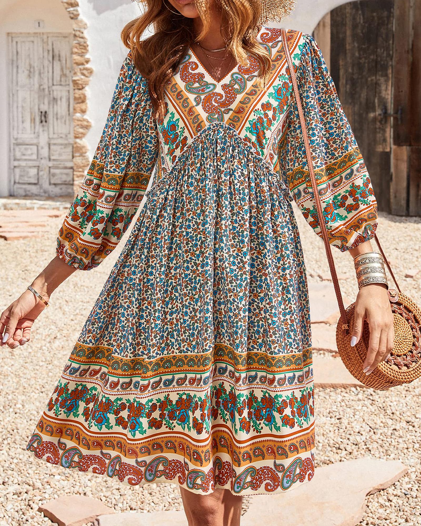 BTFBM Women Casual Spring Summer Dresses V Neck 3/4 Long Sleeve Ruffle Floral Flowy Boho Babydoll Mini Short Beach Dress