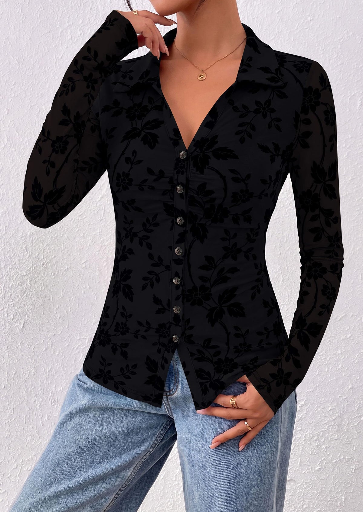 PRETTYGARDEN Women's Long Sleeve Floral Mesh Boho Tops Button Down Shirts Fall Blouses Dressy, Ruched Slim Fit, Collared V Neck, Trendy Going Out Date Night Outfit, Elegant Casual Work Office Clothes