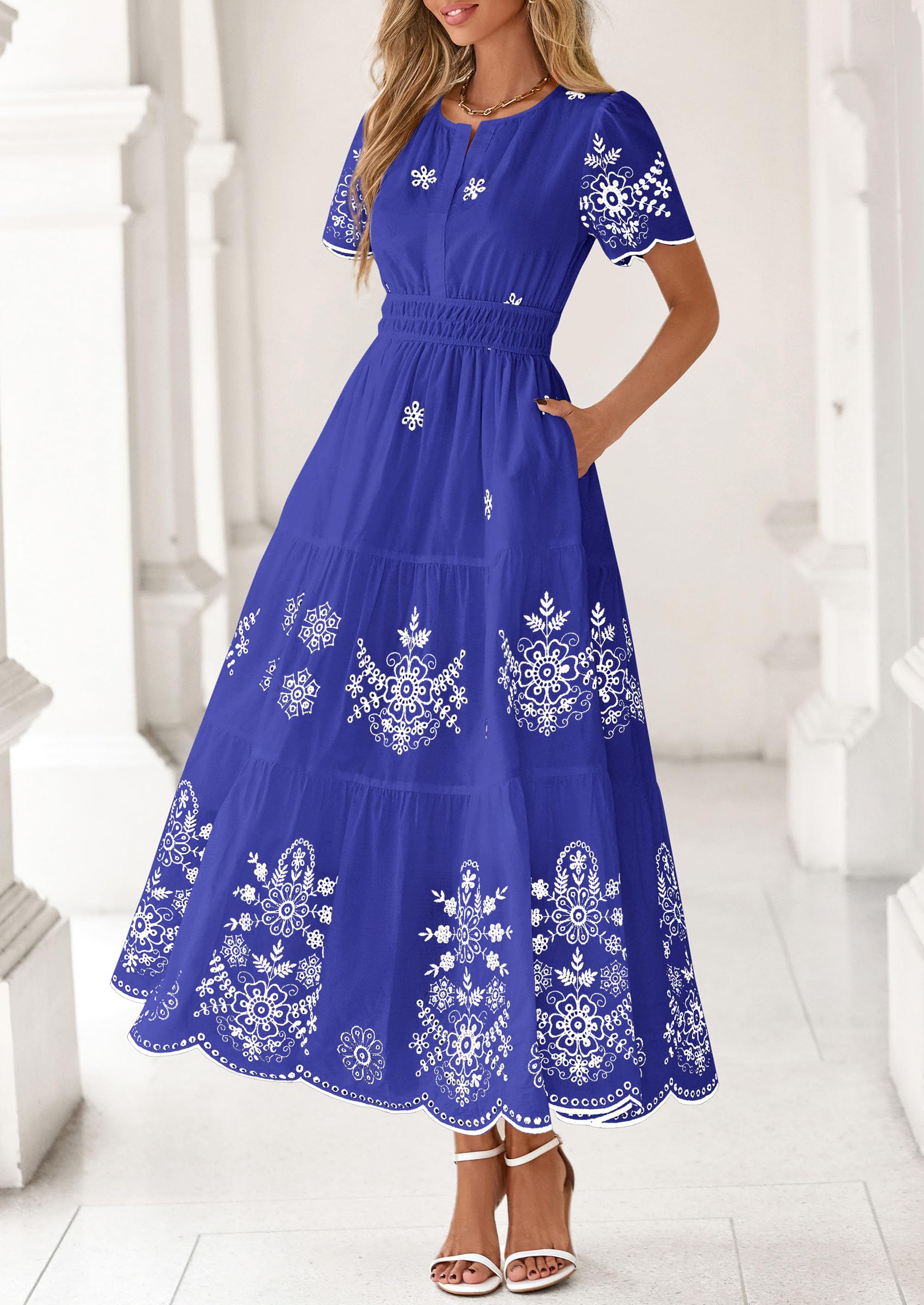 PRETTYGARDEN Boho Dresses for Women Summer Spring Casual Floral Short Sleeve V Neck Maxi Elastic Waist Dress Pockets