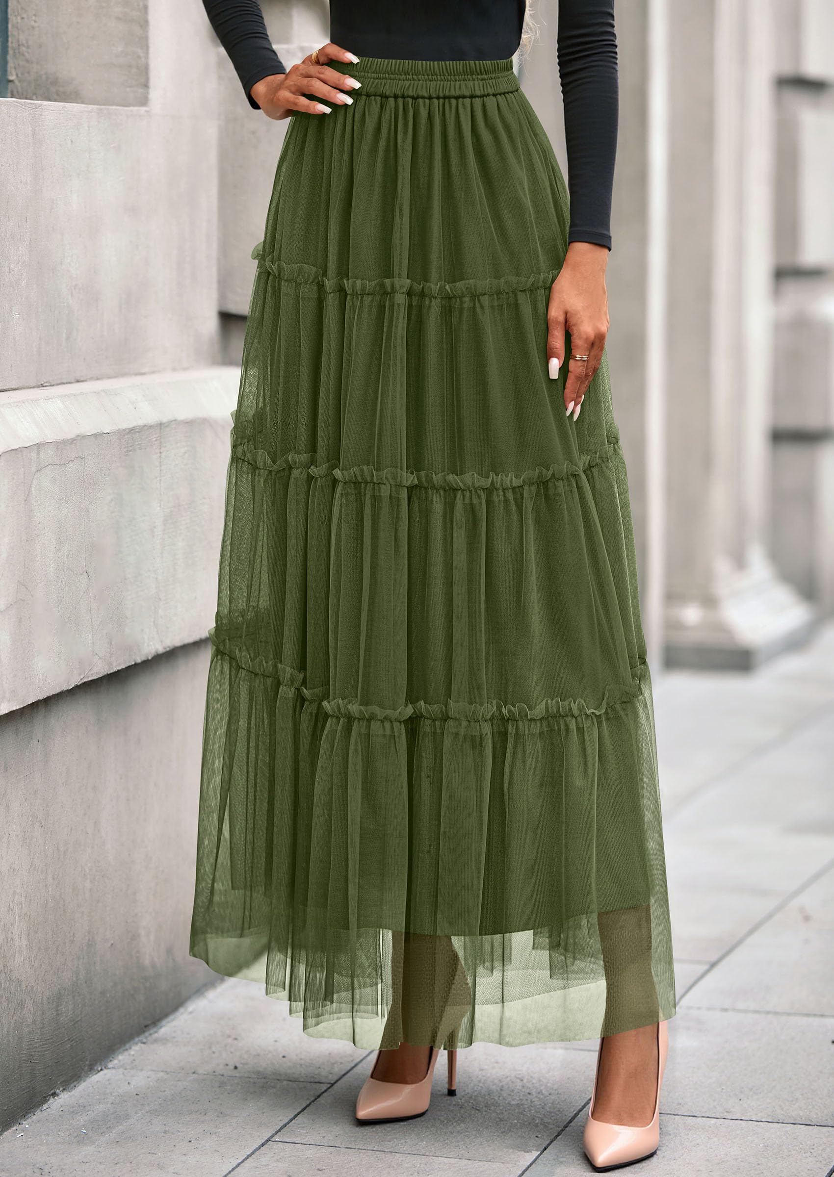 PRETTYGARDEN Tulle Skirts for Women Fall Fashion Elastic High Waisted Fairy Tiered Flowy A-Line Casual Maxi Long Skirt