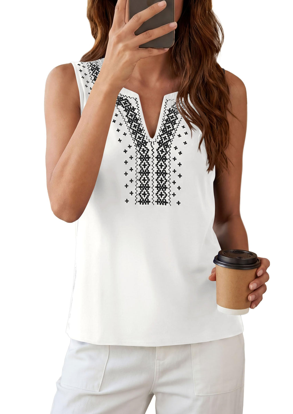 PRETTYGARDEN Womens Tank Tops Summer Causal V Neck Sleeveless Shirts Floral Print Embroidered Beach Vacation Boho Top