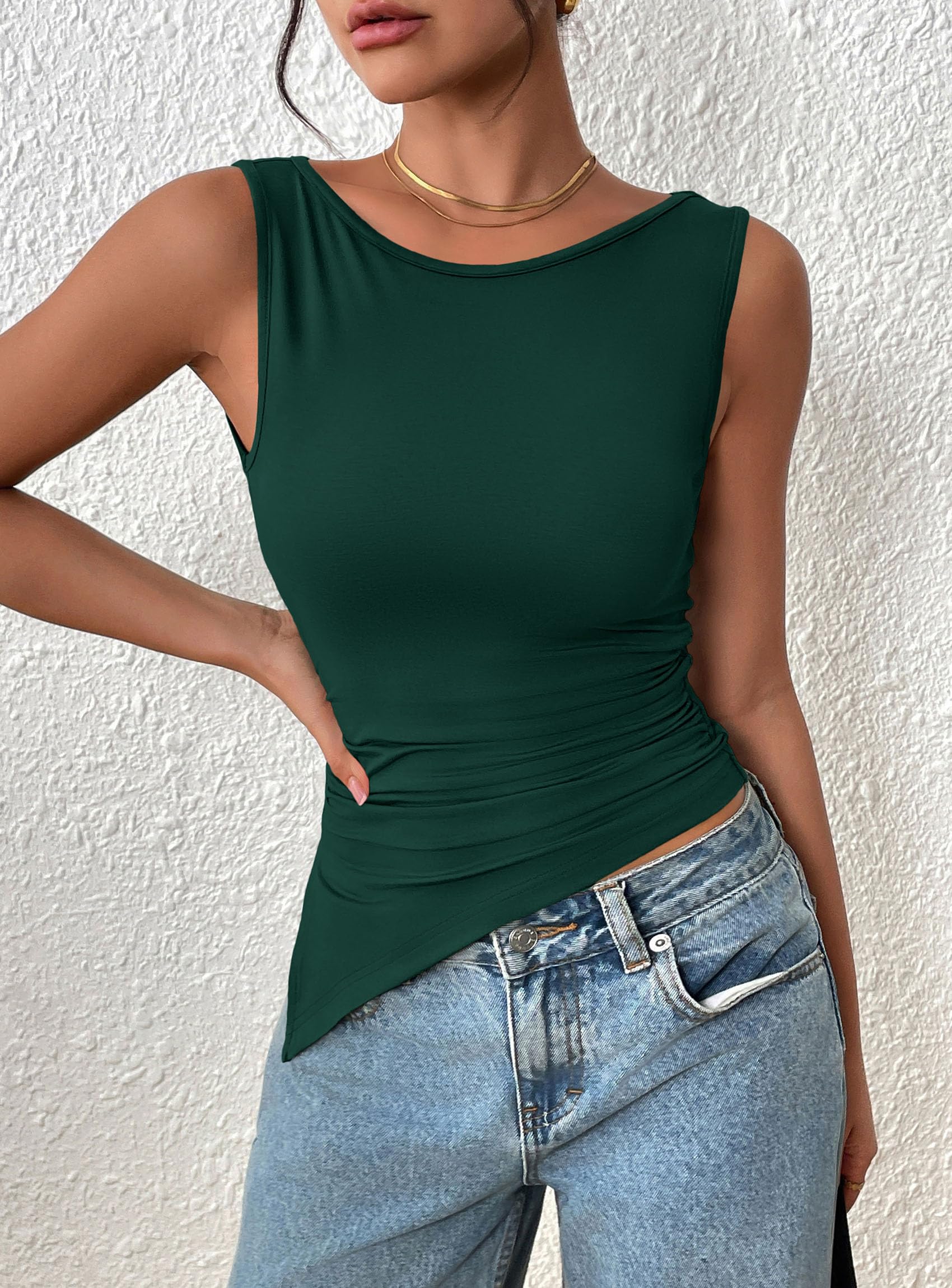 PRETTYGARDEN Womens Ruched Tank Tops  Summer Sleeveless Slim Fit T Shirts Blouses Going Out Y2K Fashion Clothes