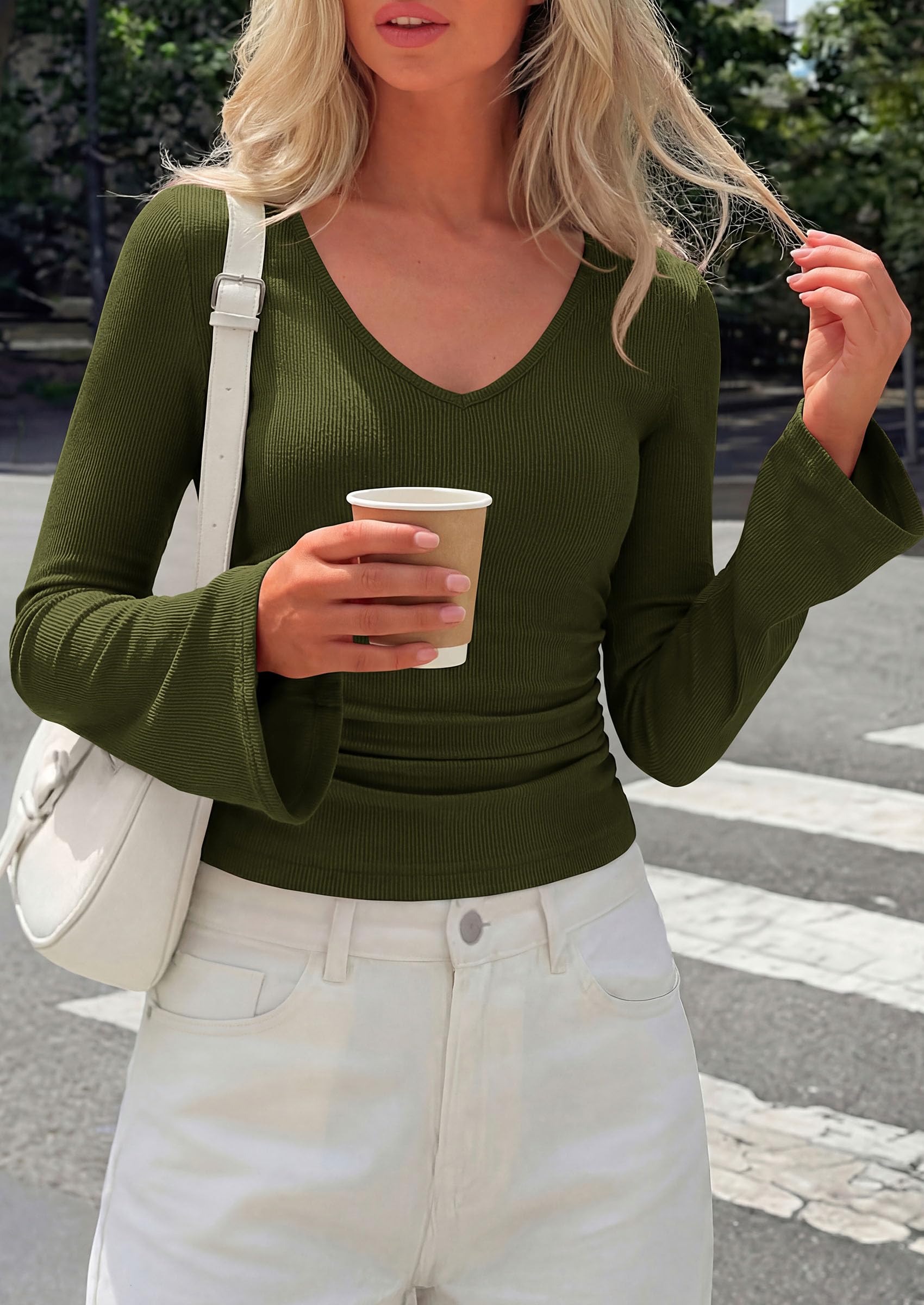 PRETTYGARDEN Women's Fall Trendy Bell Long Sleeve Tops | Soft Stretchy,Ribbed Textured,V Neck,Slim Fitted Shirts,Ruched Basic Tees,Y2K Going Out,Casual Outfits,Fashion Clothing