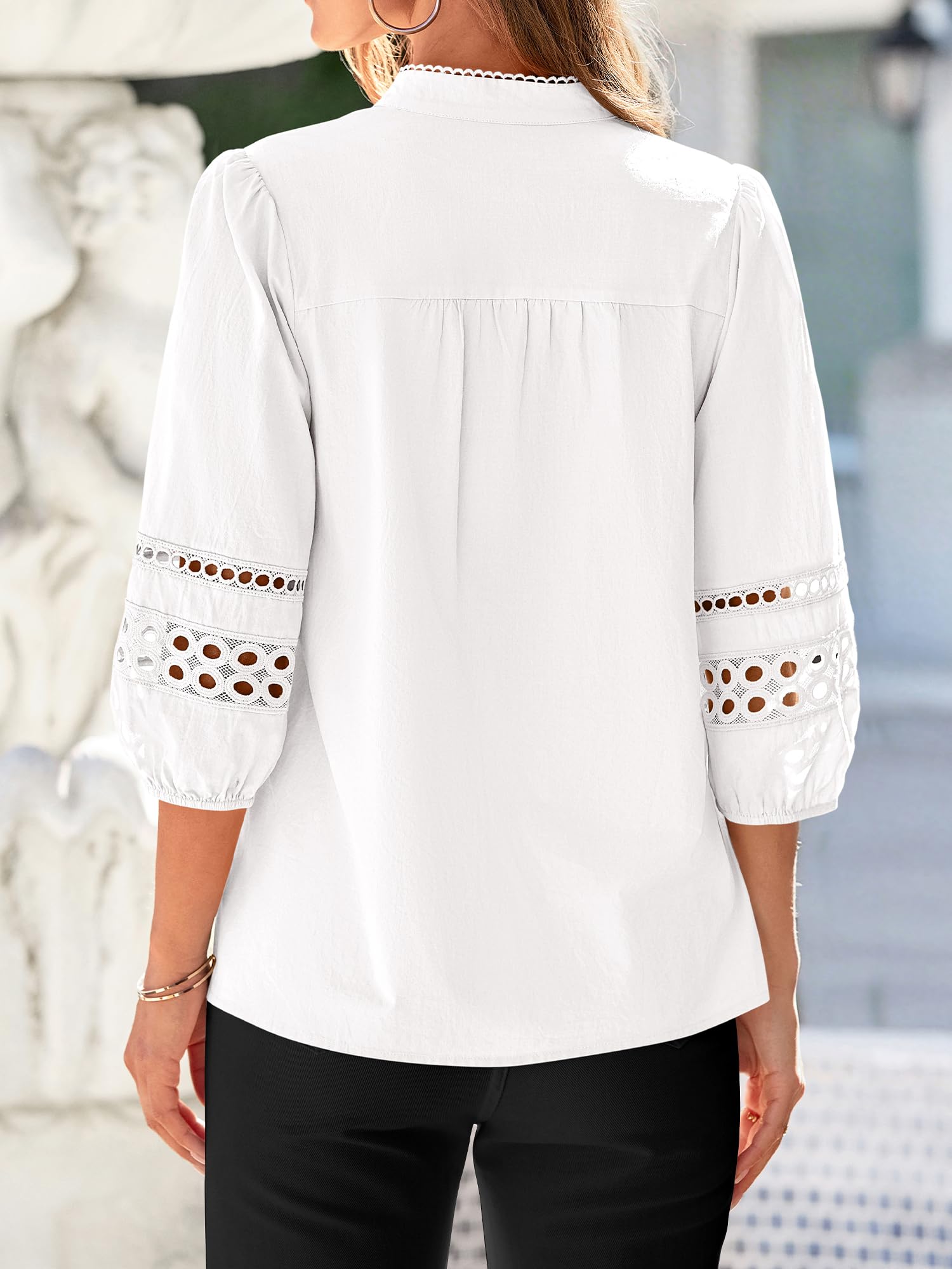 BTFBM 3/4 Length Sleeve Womens Tops Summer Blouses Eyelet Hollow Out Button Down Shirts Business Casual Outfits