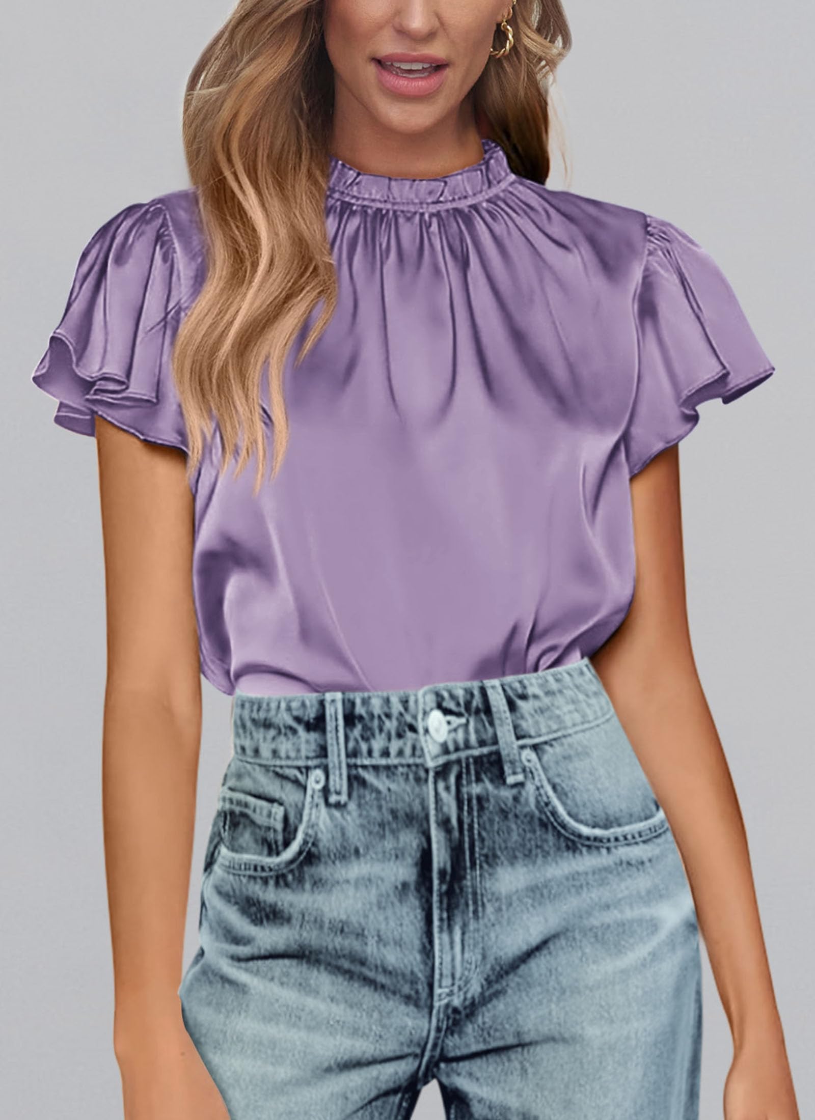 PRETTYGARDEN Business Casual Tops for Women Blouses Dressy  Summer Short Sleeve Ruffle Satin Work Office Attire