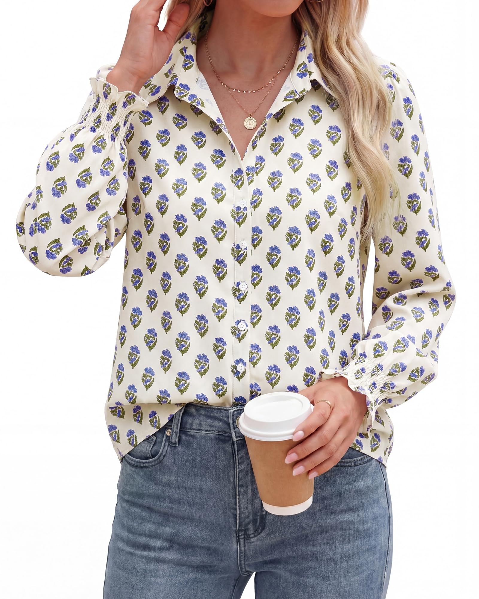 BTFBM Long Sleeve Blouses for Women, Floral V Neck Button Down Shirts, Smocked Cuffs, Business Casual Summer Outfits